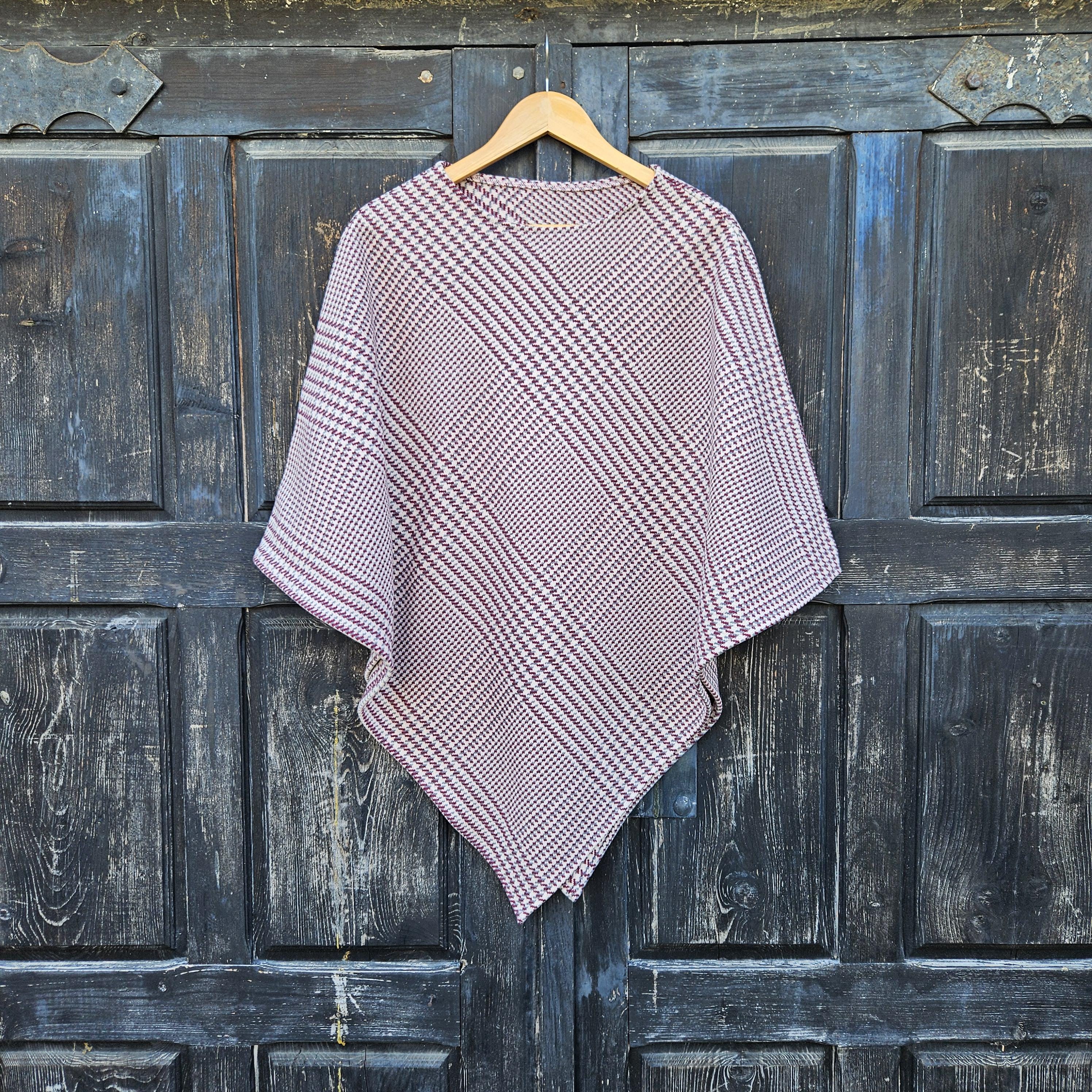 Wool Blanket Poncho - Hooded Checked Wool Ruana, Comfortable Outdoor Cape