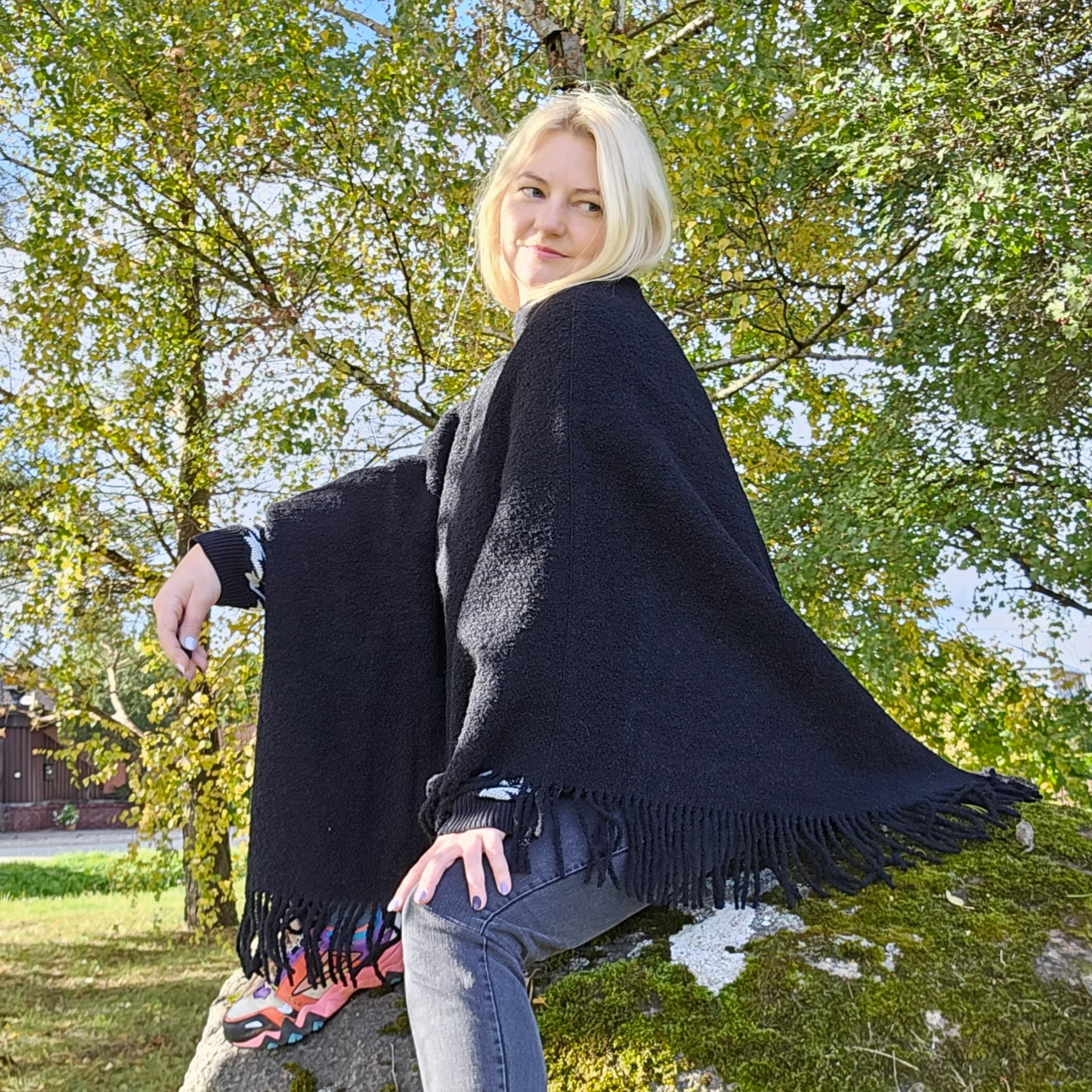 black wool blanket poncho cape coat for men or women hooded or without hood, burning man festival poncho cape in wool