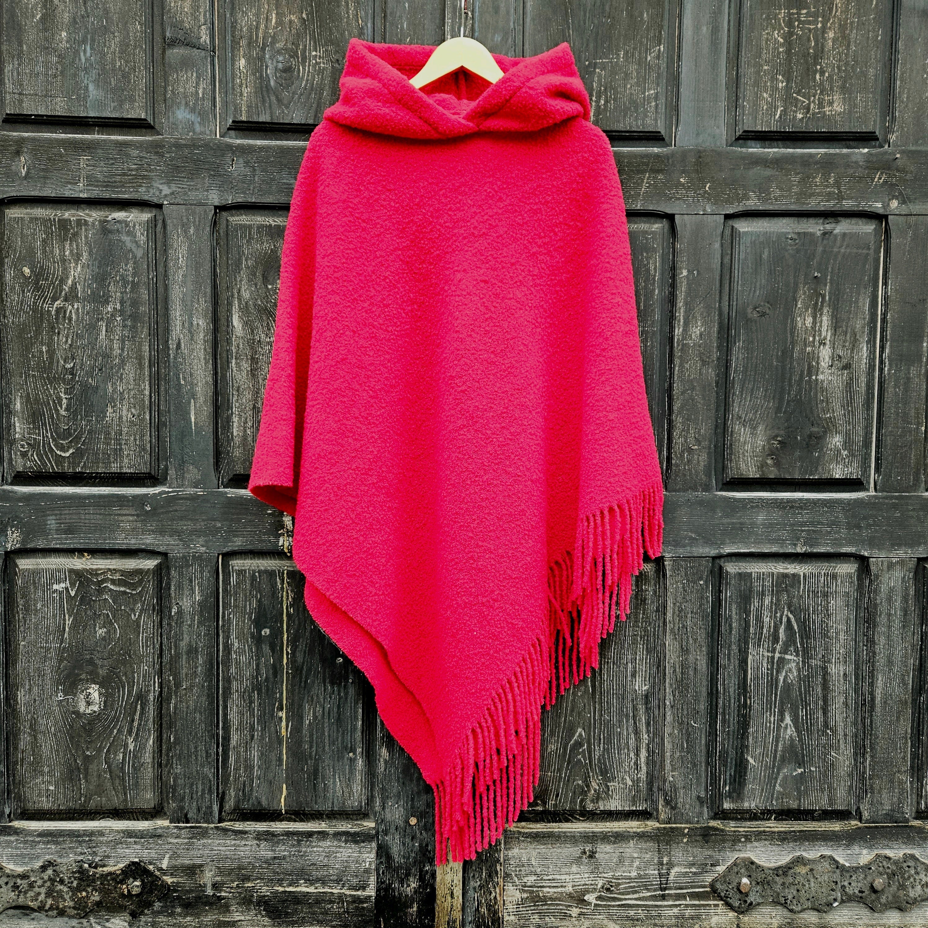 red wool poncho cape cloak coat, wool blanket poncho cape coat for men or women hooded or without hood