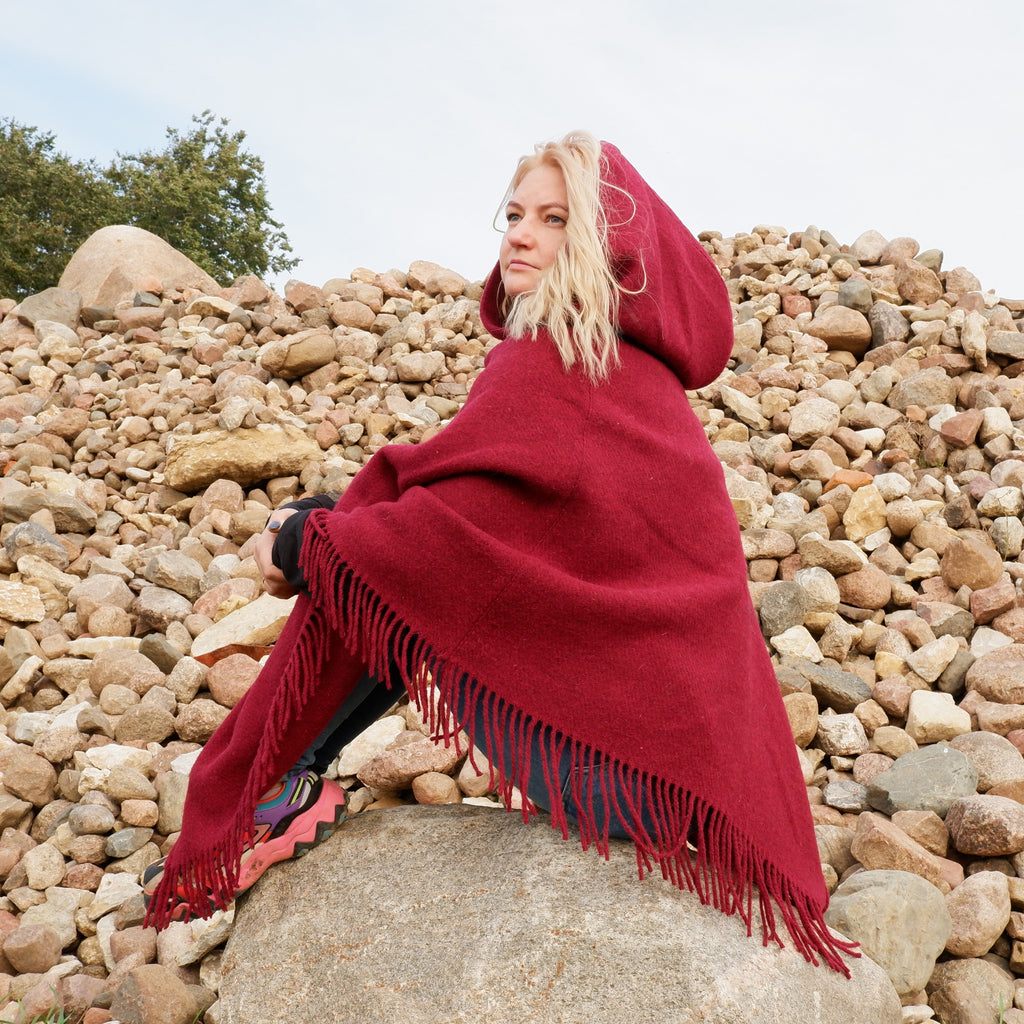 Wool Blanket Poncho – Hooded Wool Cape with Fringes | Cozy Winter Wrap