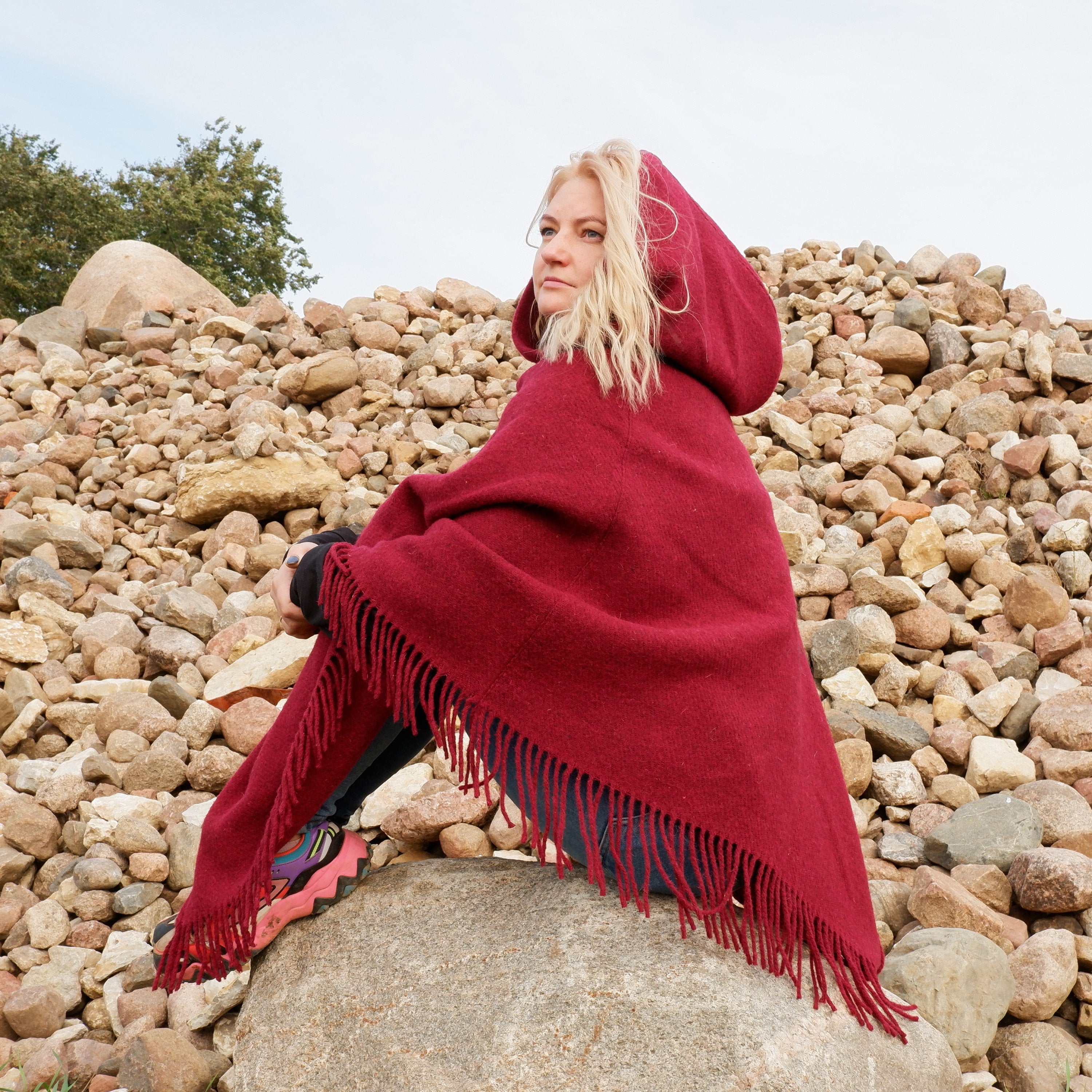Wool Blanket Poncho – Hooded Wool Cape with Fringes | Cozy Winter Wrap