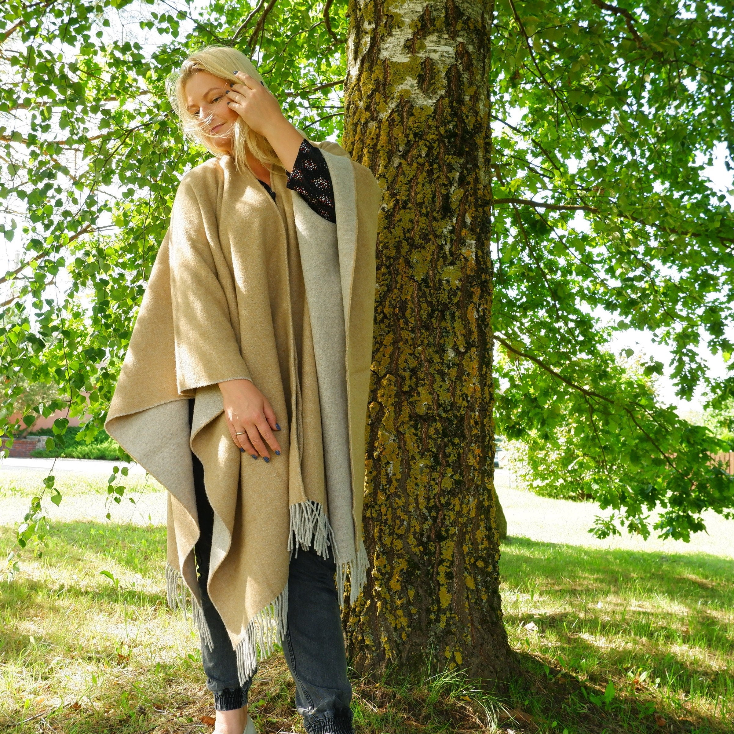 Merino Wool Poncho Umea - Reversible Wool Wrap With Fringed Shawl, Lightweight Cape