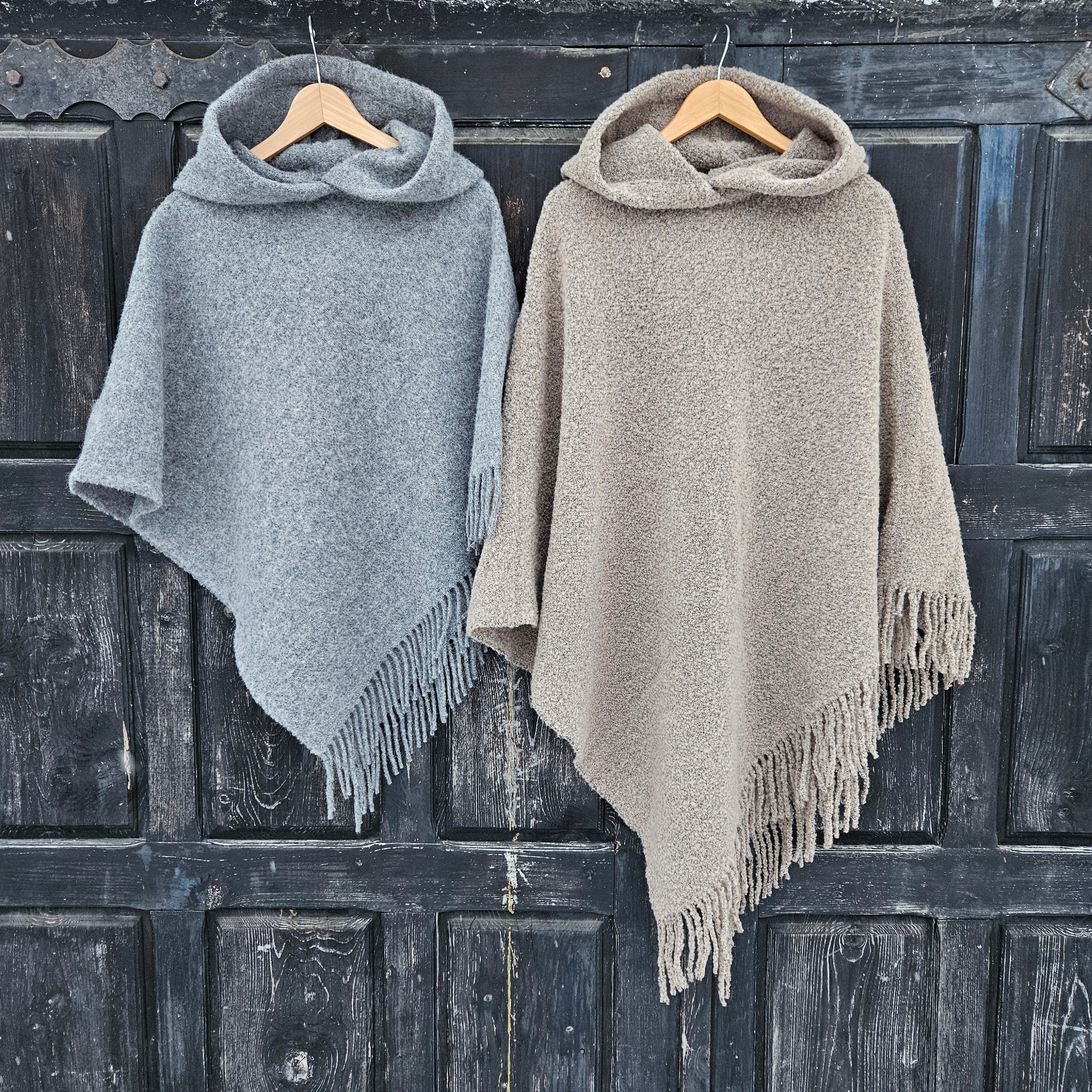 Wool Blanket Poncho – Hooded Wool Cape With Fringes, Comfortable Outdoor Wrap