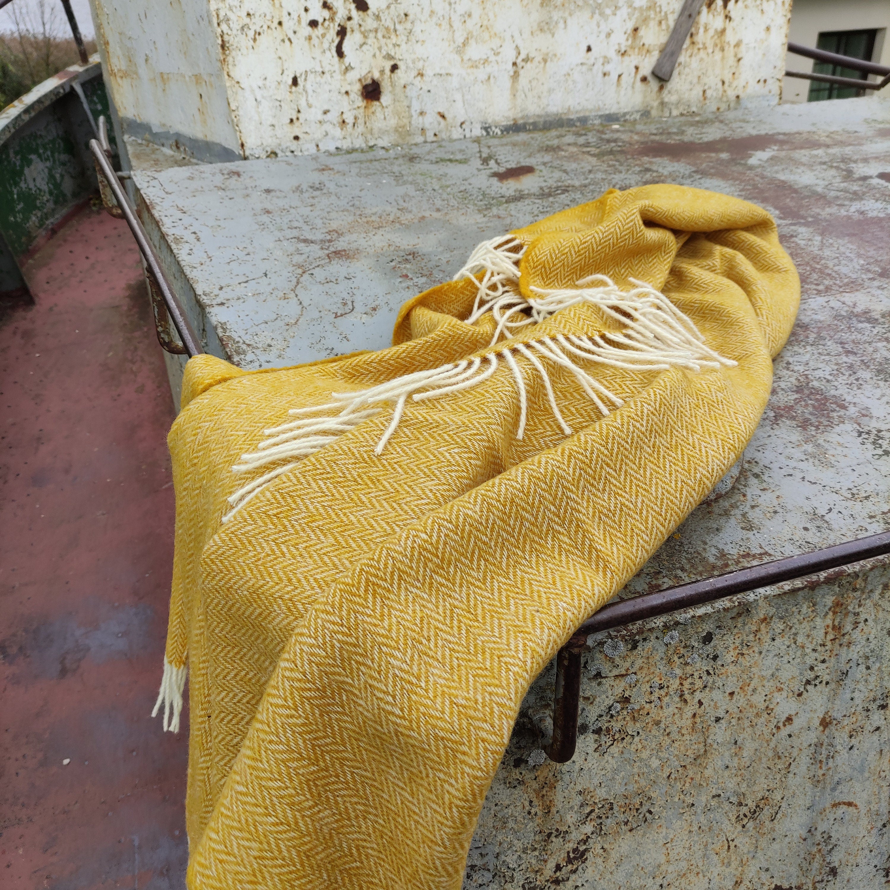 WOOL Blanket Hera in mustard yellow - Natural Throw plaid -  IN2NORD  - bed coverlet, quilt, wool cover