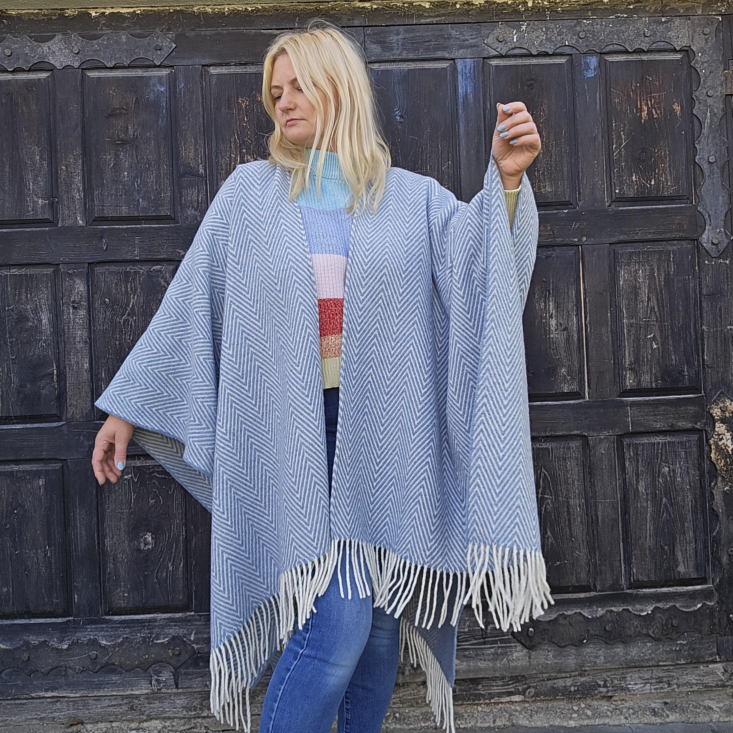 Merino Wool Poncho Umea - Lightweight Open Front Cape With Fringed Durable Wool Wrap