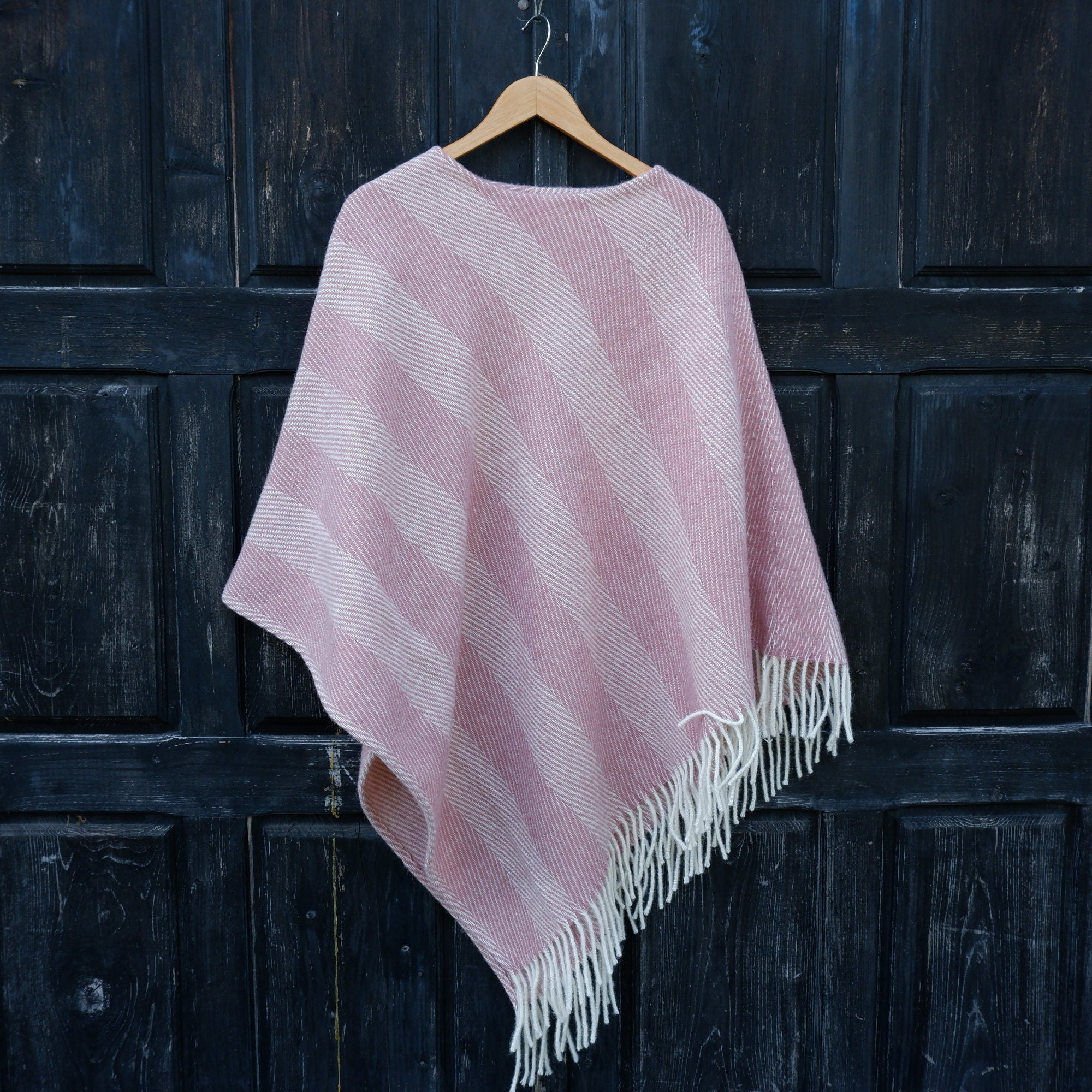 Pink Wool Poncho - Hooded Wool Cape Blanket With Fringes | Cozy Outdoor Layering
