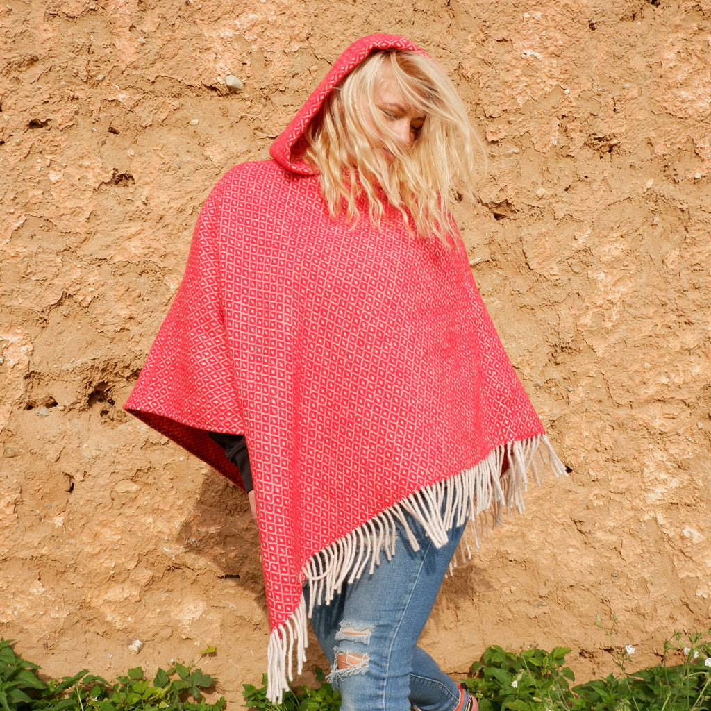 Red Wool Poncho – Hooded Cape With Fringed Ruana, Outdoor Wool Blanket