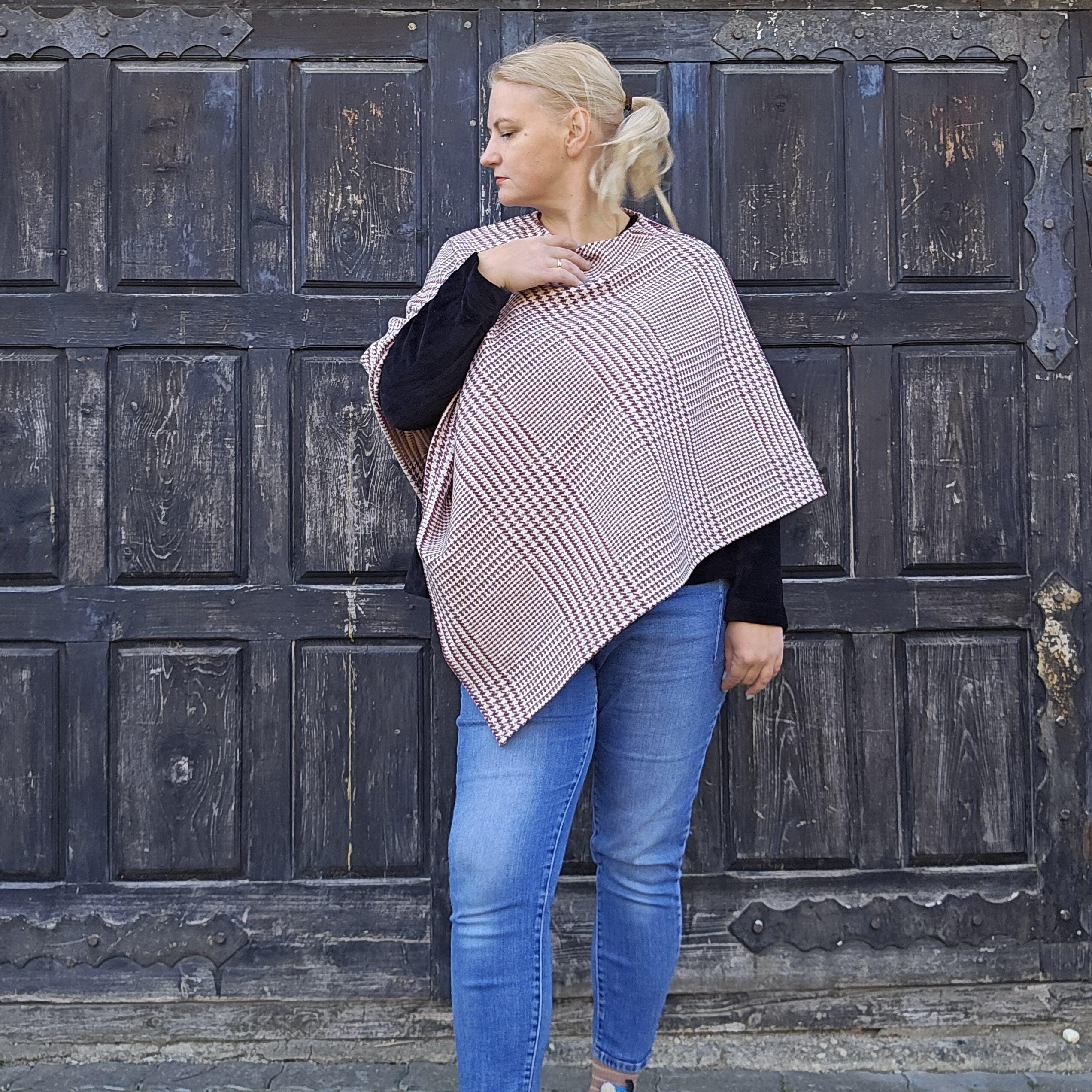 Wool Blanket Poncho - Hooded Checked Wool Ruana, Comfortable Outdoor Cape