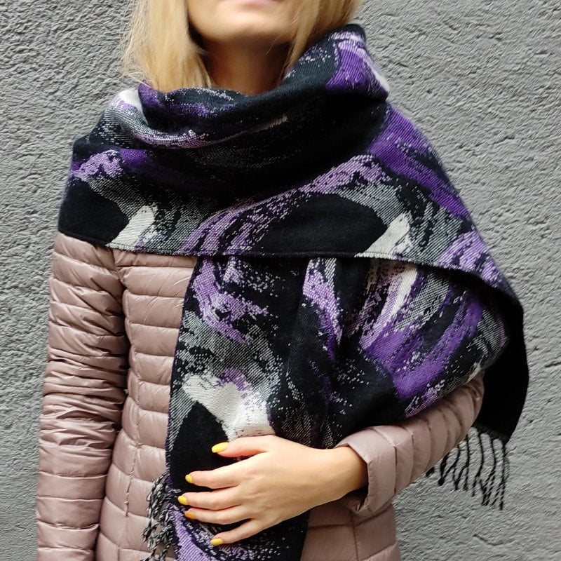 Lambswool Wrap Shawl - Oversized Wool Scarf With Fringed Fleece, Soft Warm Shawl