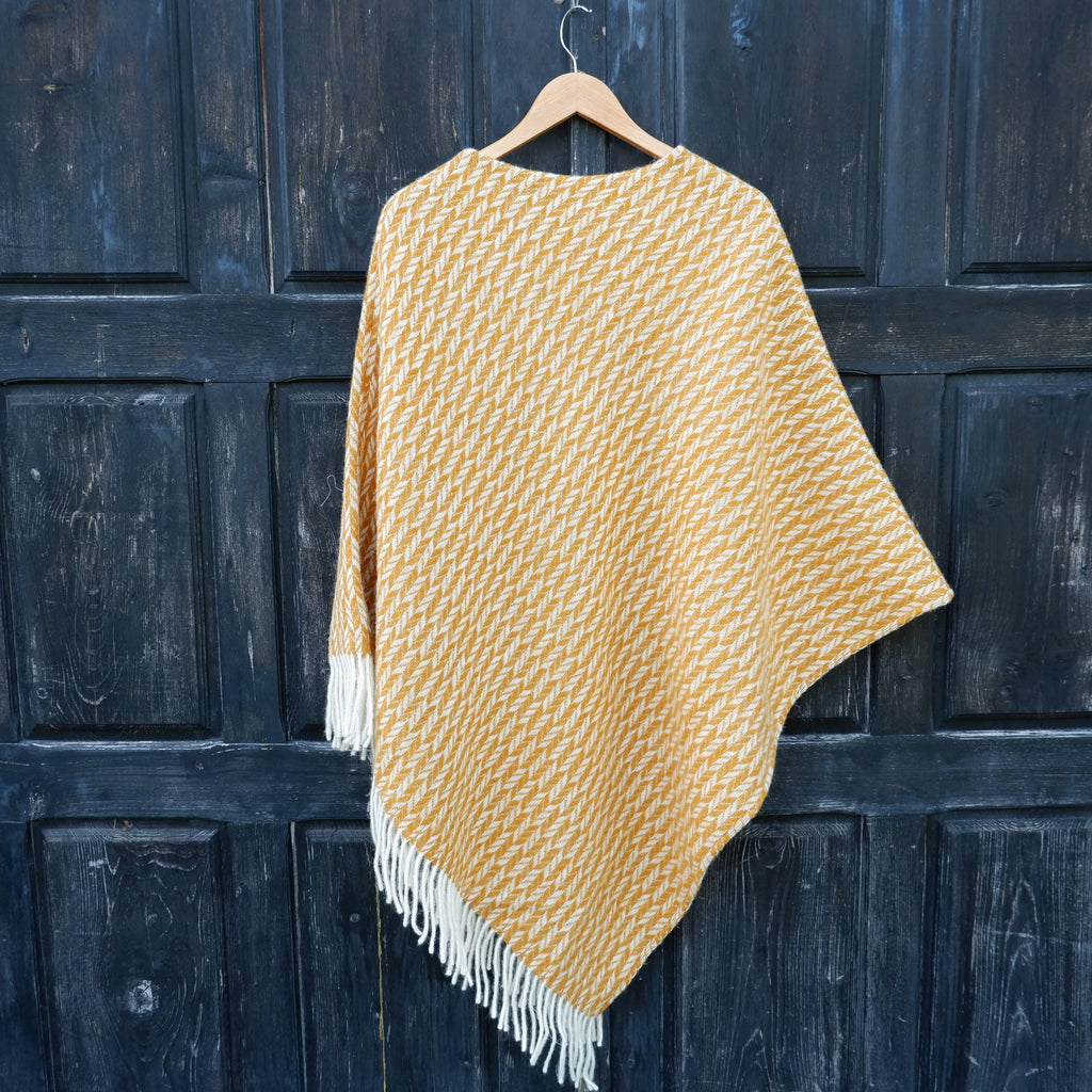 Yellow Wool Poncho – Hooded Cape With Fringes, Cozy Outdoor Blanket