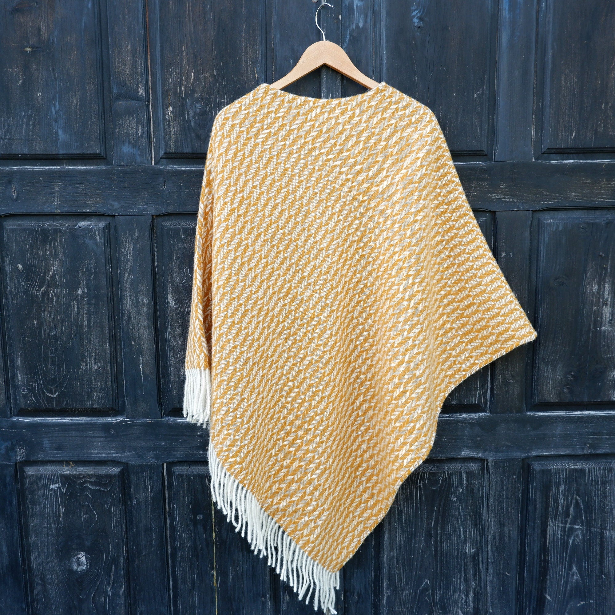 Yellow Wool Poncho – Hooded Cape With Fringes, Cozy Outdoor Blanket