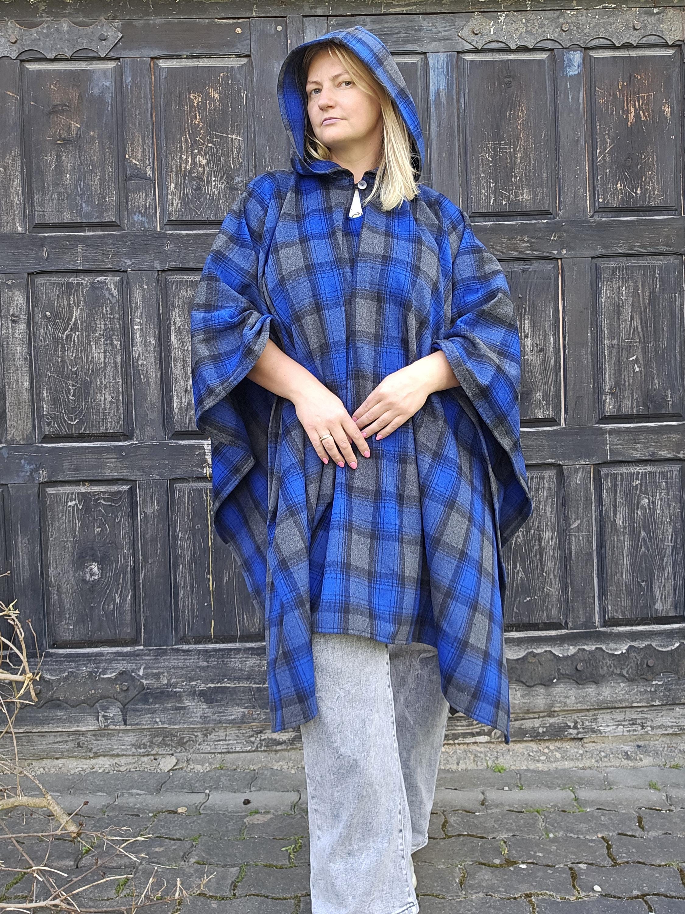 Wool Poncho Oland - Unisex Ruana Cape | Blue Wool Blanket | Comfortable Outdoor Shawl