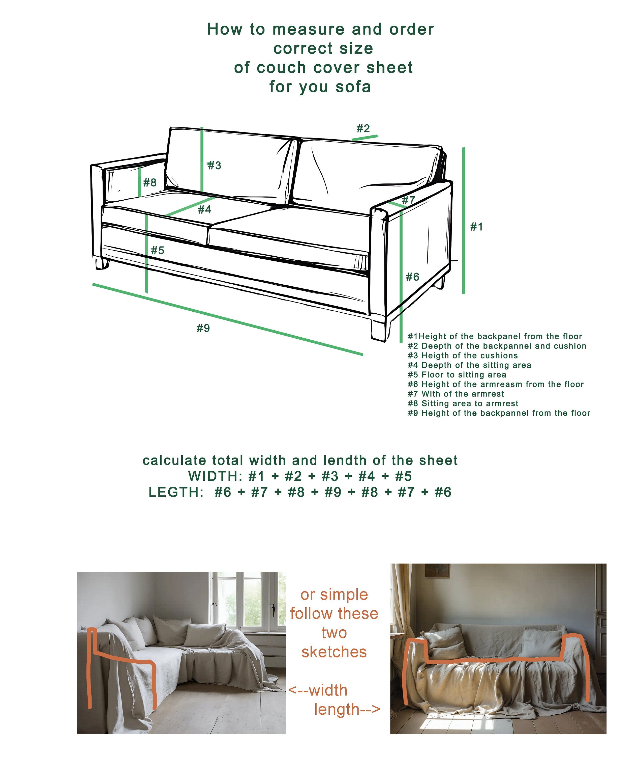 Linen Couch Cover – Extra Large Natural Sofa Slipcover Protector, Custom Size