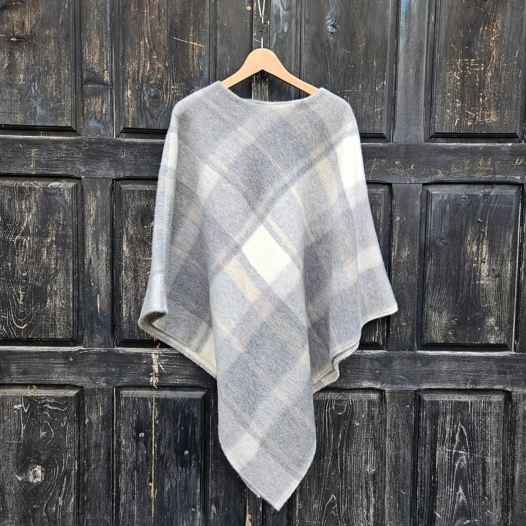 Grey Plaid WOOL Poncho with Hood: Gingham Cape Ruana