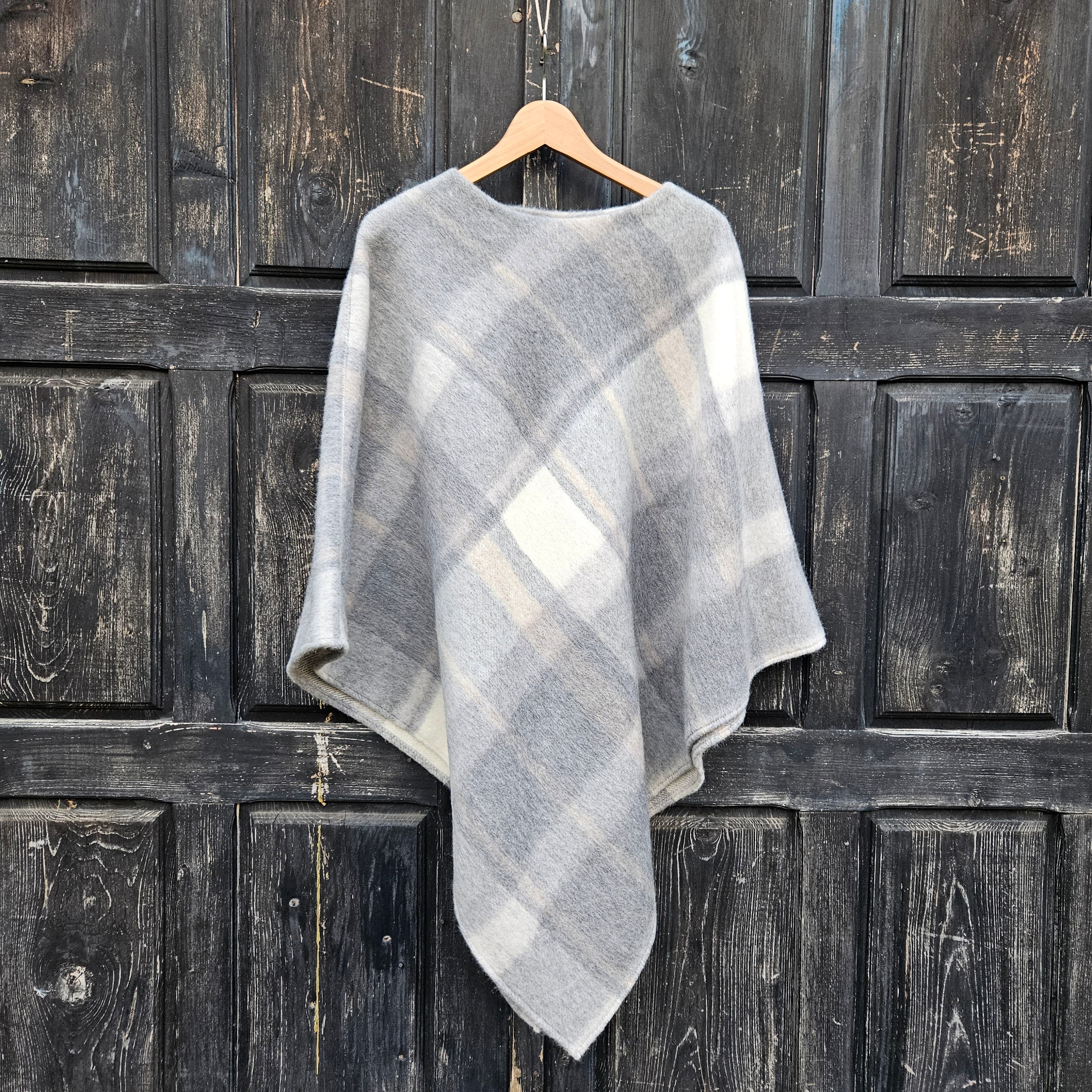 Grey Plaid WOOL Poncho with Hood: Gingham Cape Ruana