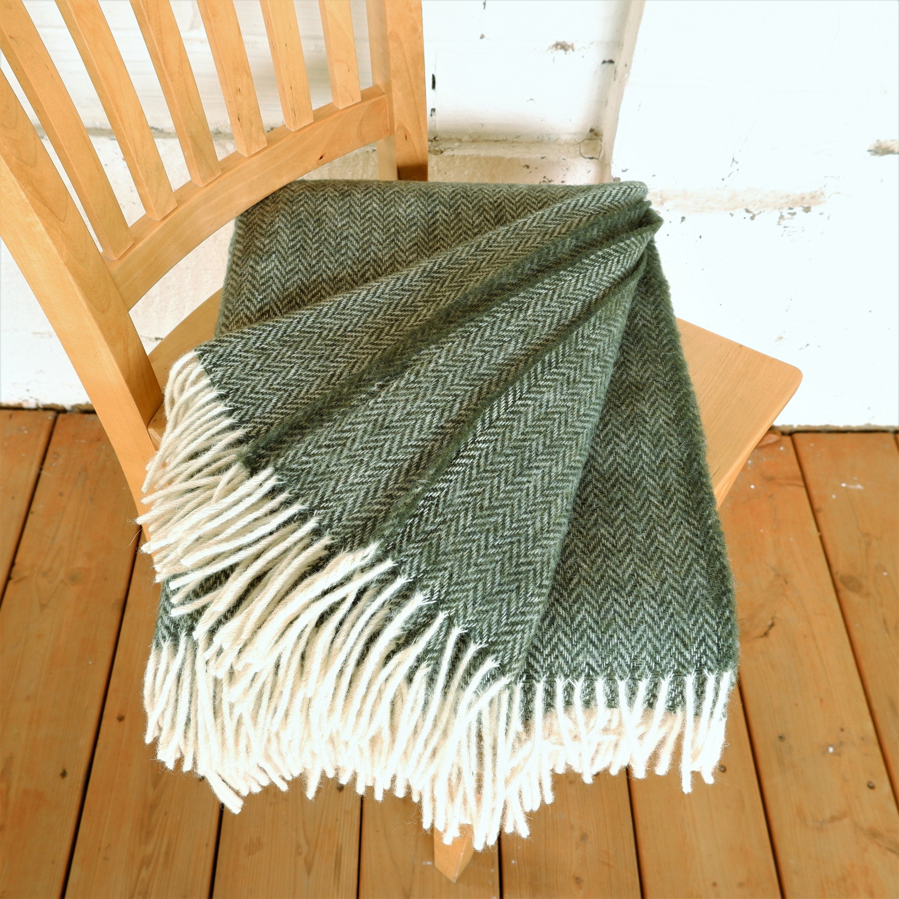 Wool Blanket Cozy Sofa Throw – Natural New Zealand Wool Plaid With Fringe Edge