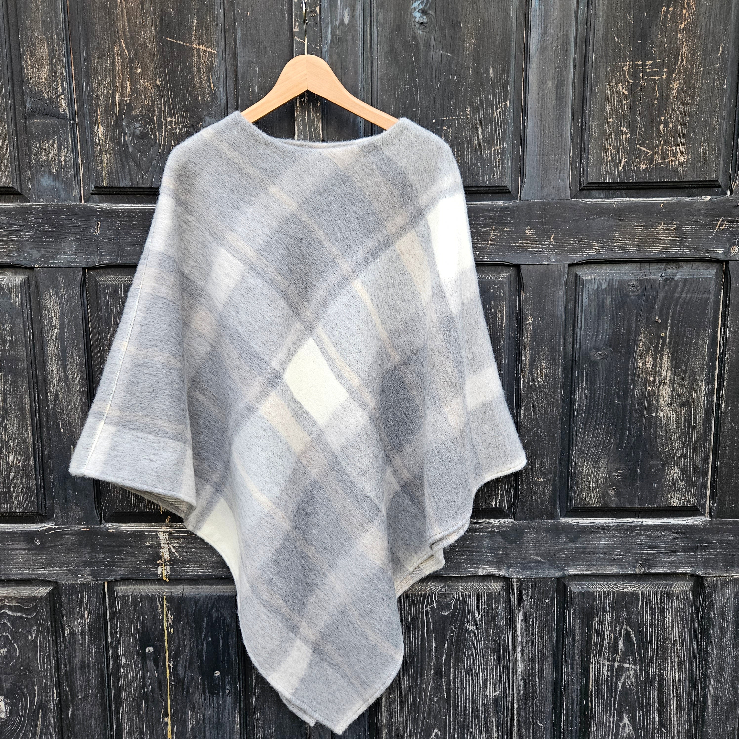 Grey Plaid WOOL Poncho with Hood: Gingham Cape Ruana