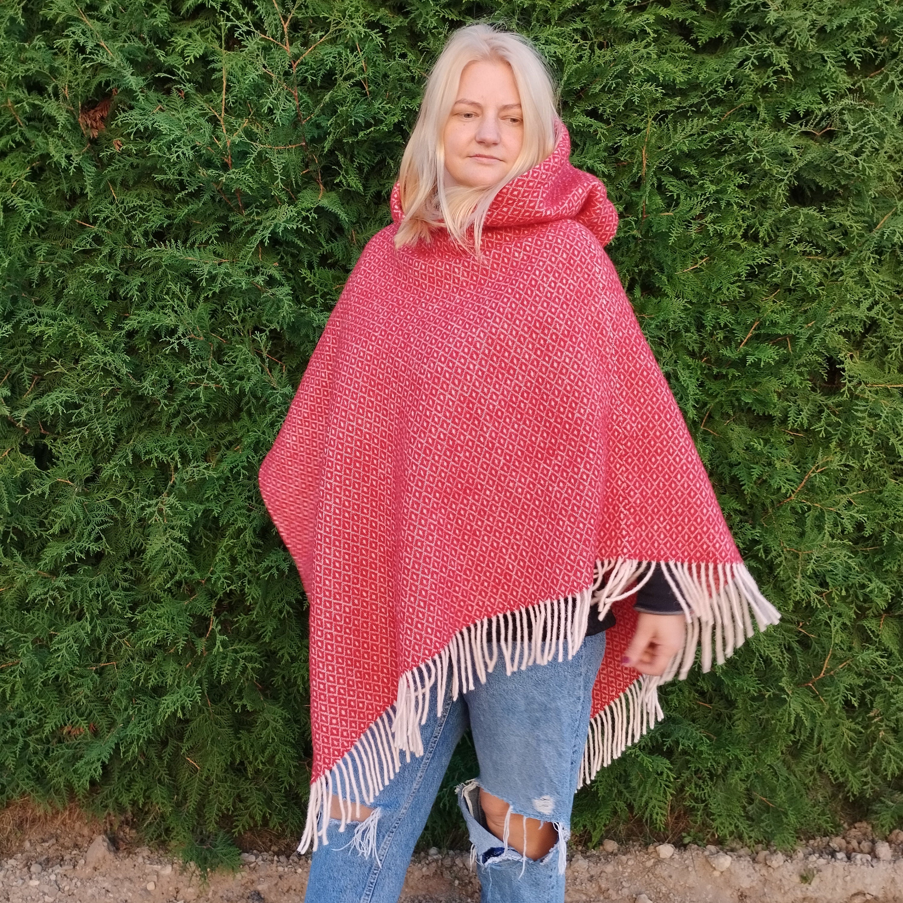Red Wool Poncho – Hooded Wool Cape With Fringes, Comfortable Outdoor Wrap