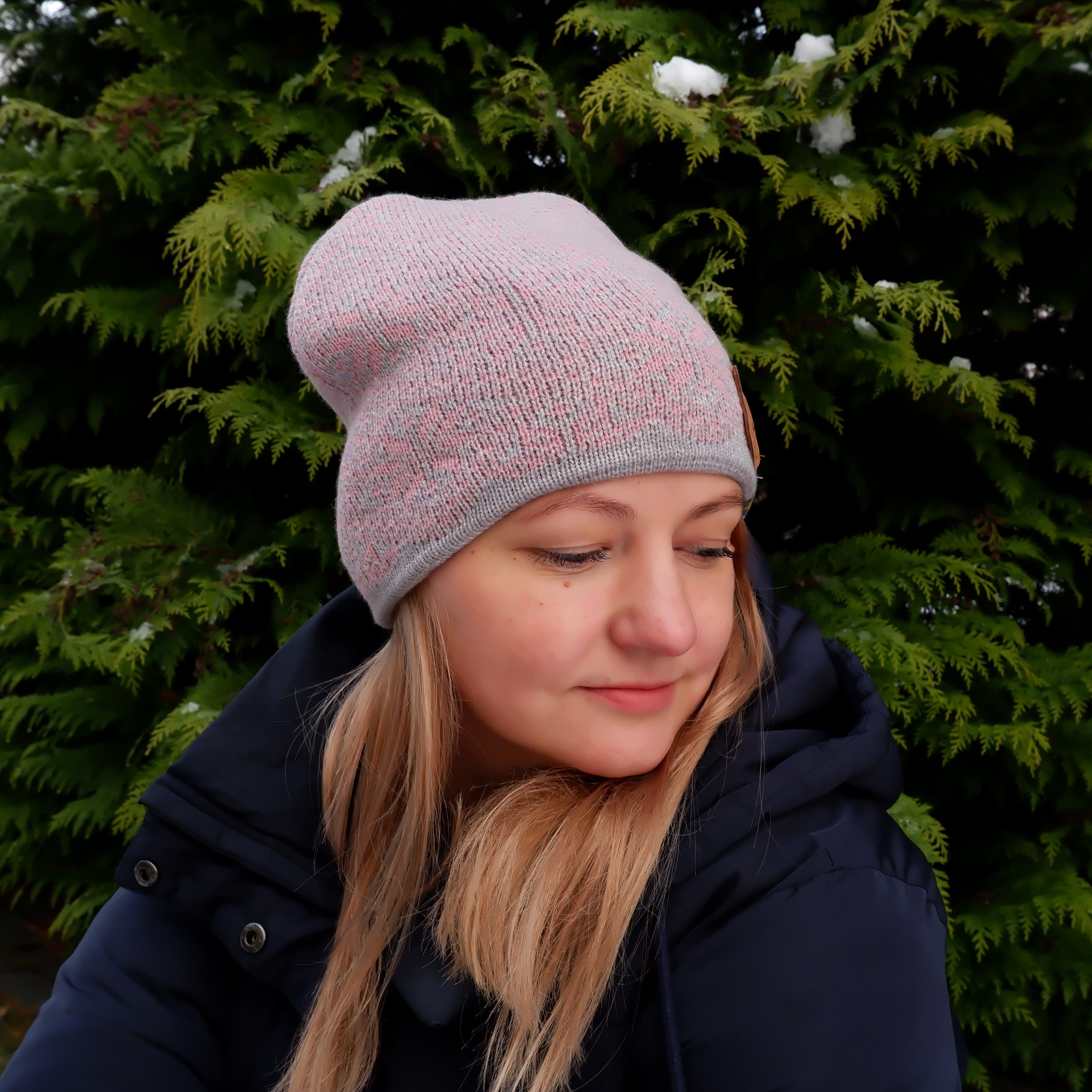 Knitted Wool Hat - Unisex Winter Beanie With Snowflake Pattern | Warm Soft Merino Wool