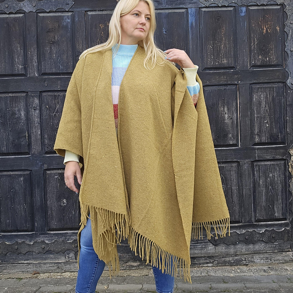 Merino Wool Poncho Umea – Blue Wool Wrap With Fringed Open Front, Soft Durable Cape