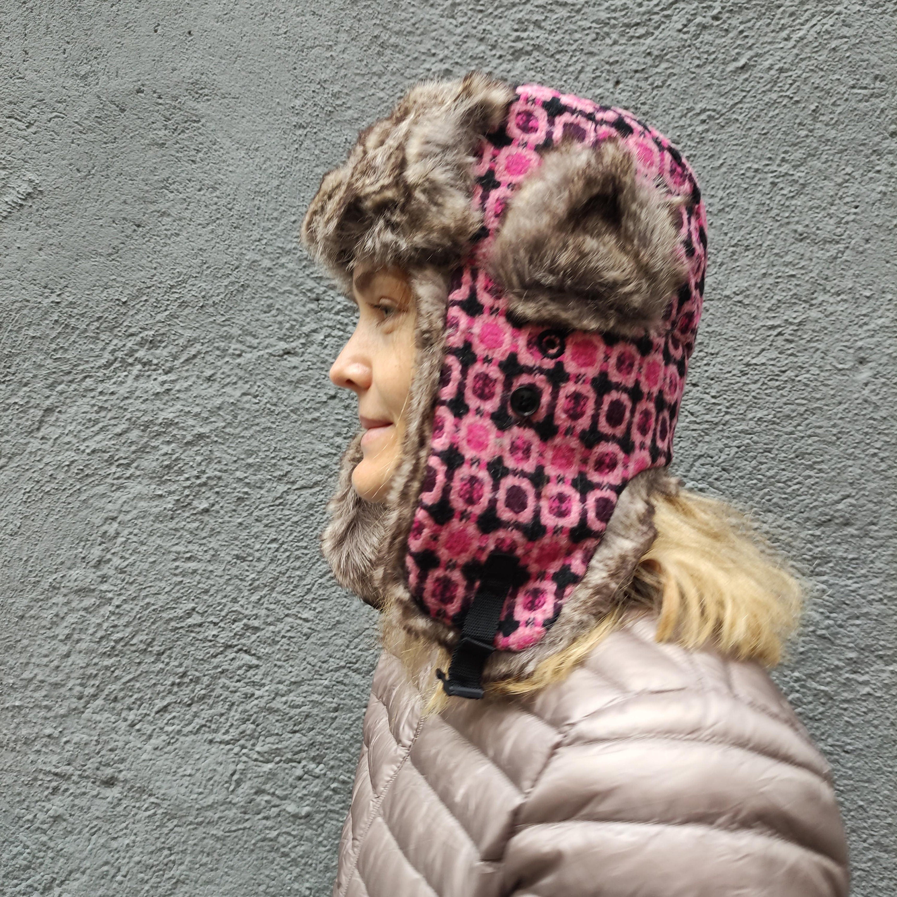 pink aviator wool hat, wool hat ushanka, wool hat, pilot hat, ear laps hat