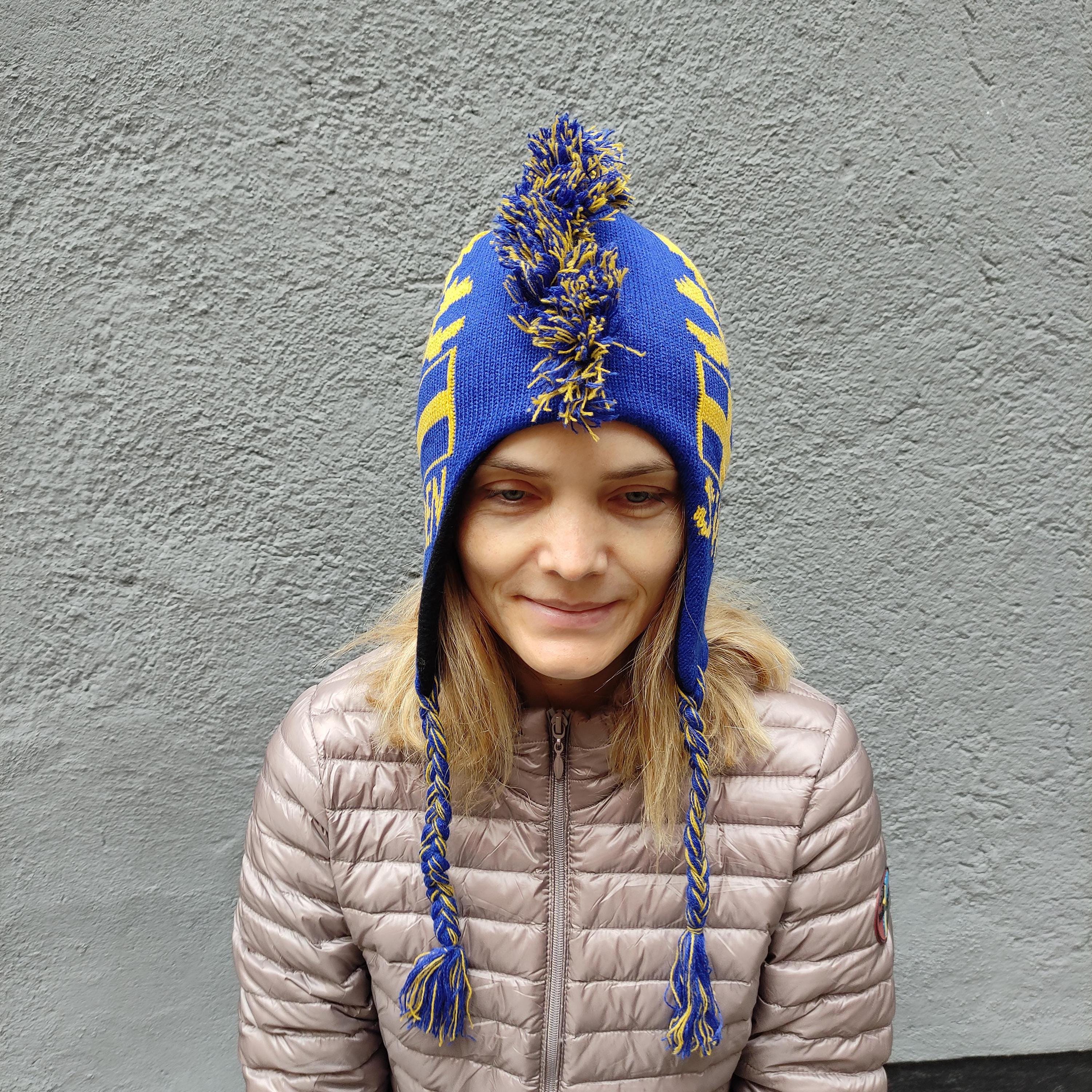 Merino Wool Hat - Warm Knitted Hat With Earflaps | Blue Skull Punk Design