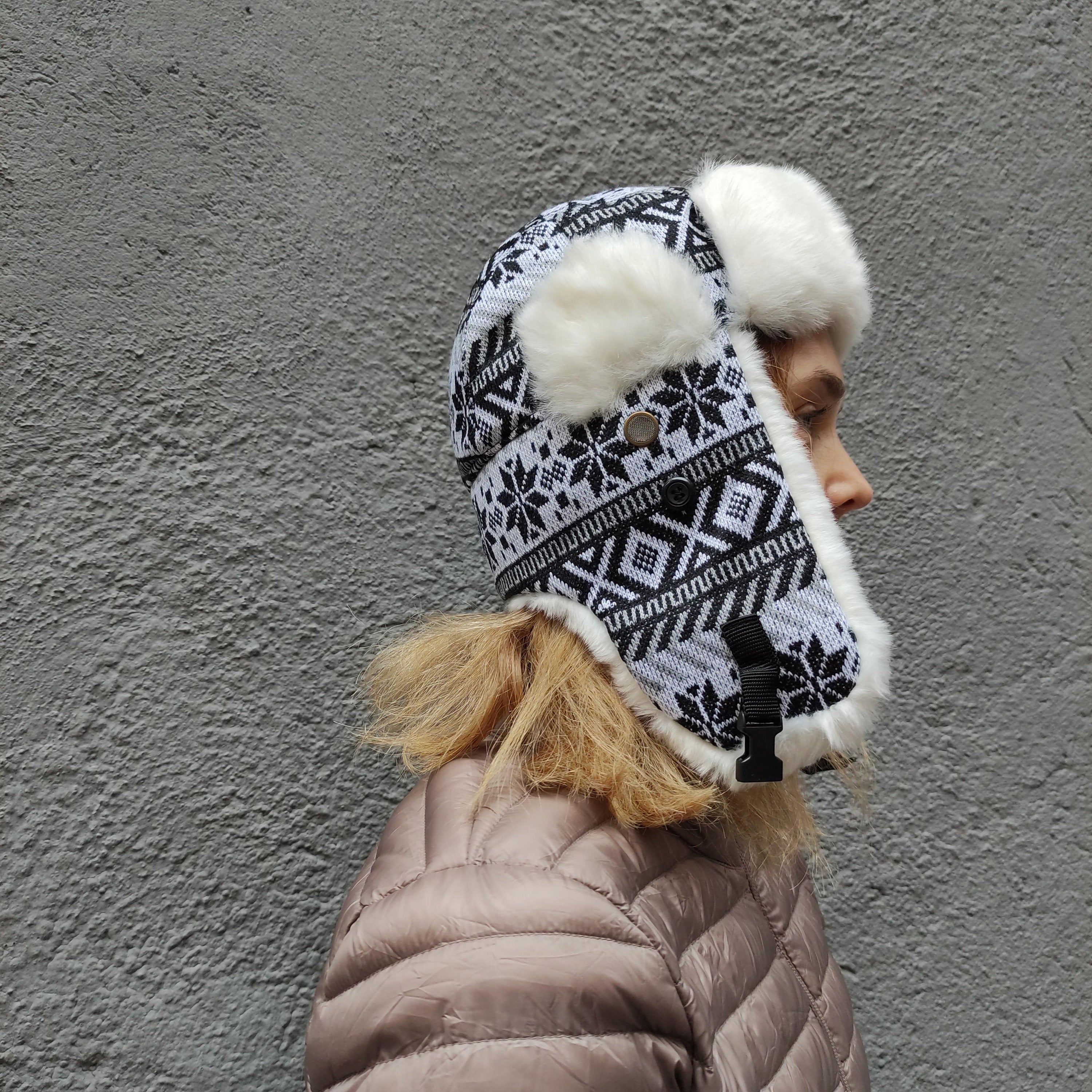 Aviator Winter Wool Hat - Red Reindeer Trapper Hat with Faux Fur Lining & Ear Flaps