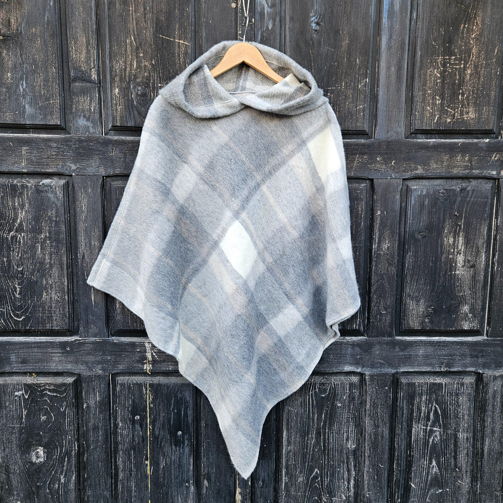 Grey Plaid WOOL Poncho with Hood: Gingham Cape Ruana