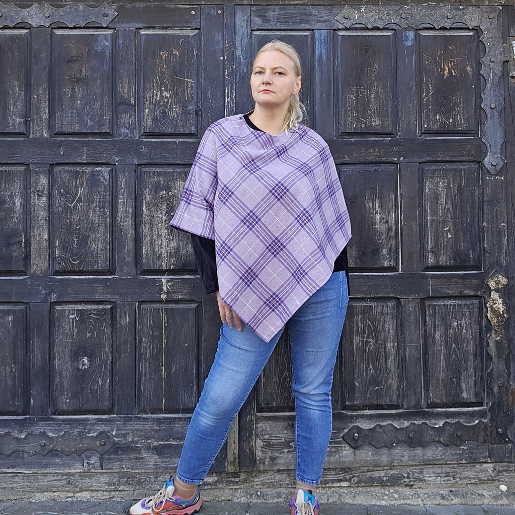 Wool Blanket Poncho Kiruna - Hooded Purple Check Lambswool Cape, Warm Winter Wrap