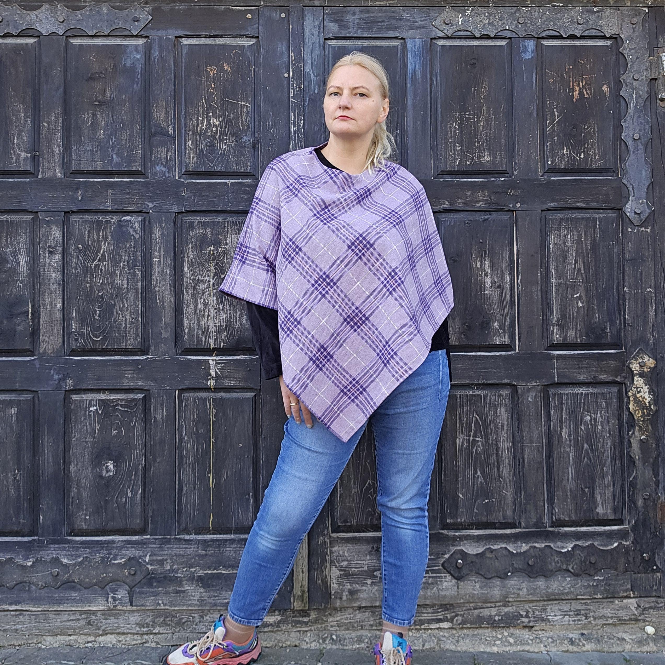 Wool Blanket Poncho Kiruna - Hooded Purple Check Lambswool Cape, Warm Winter Wrap
