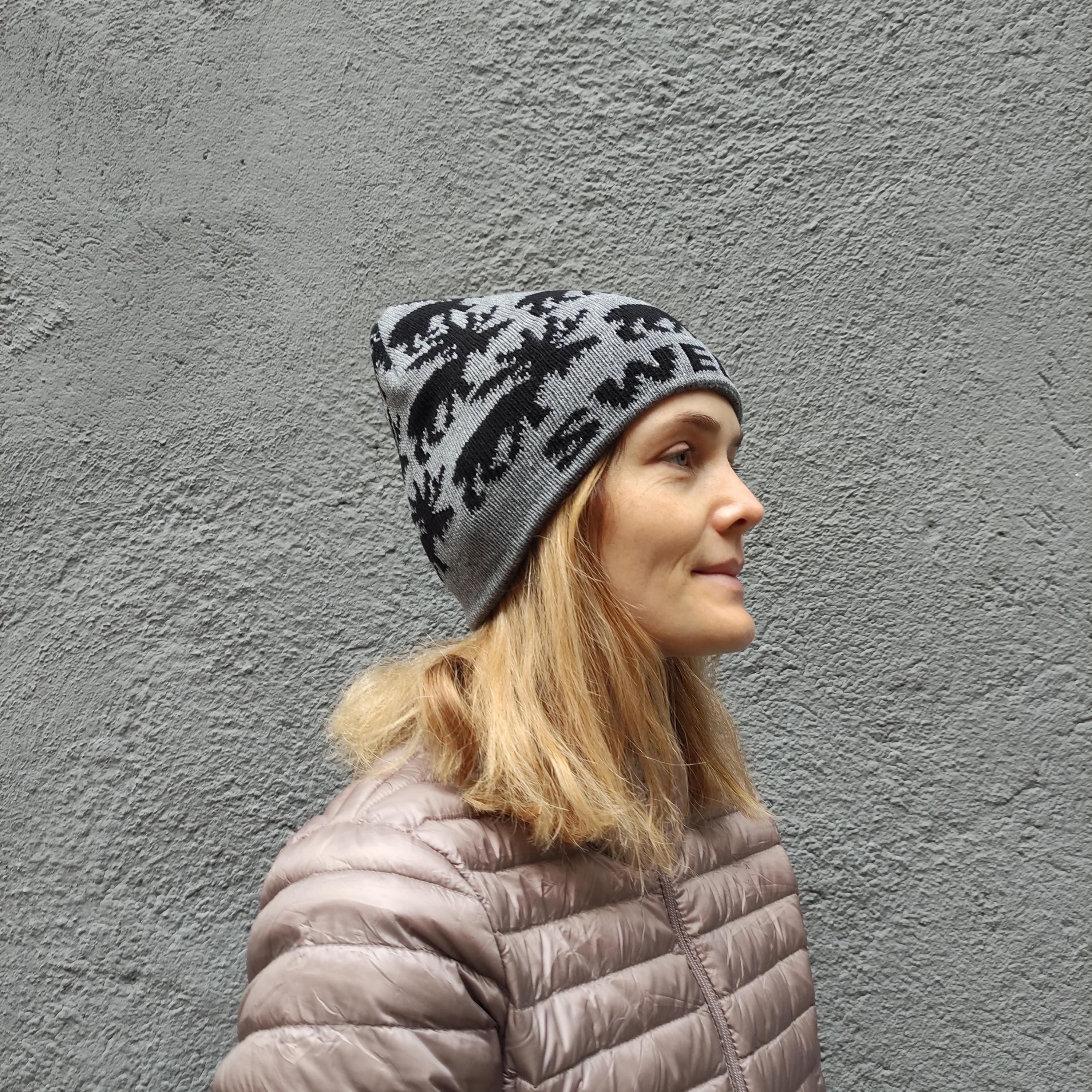 Merino Wool Beanie - Hand Knitted Scandinavian Wool Hat with Reindeer Knit Pattern