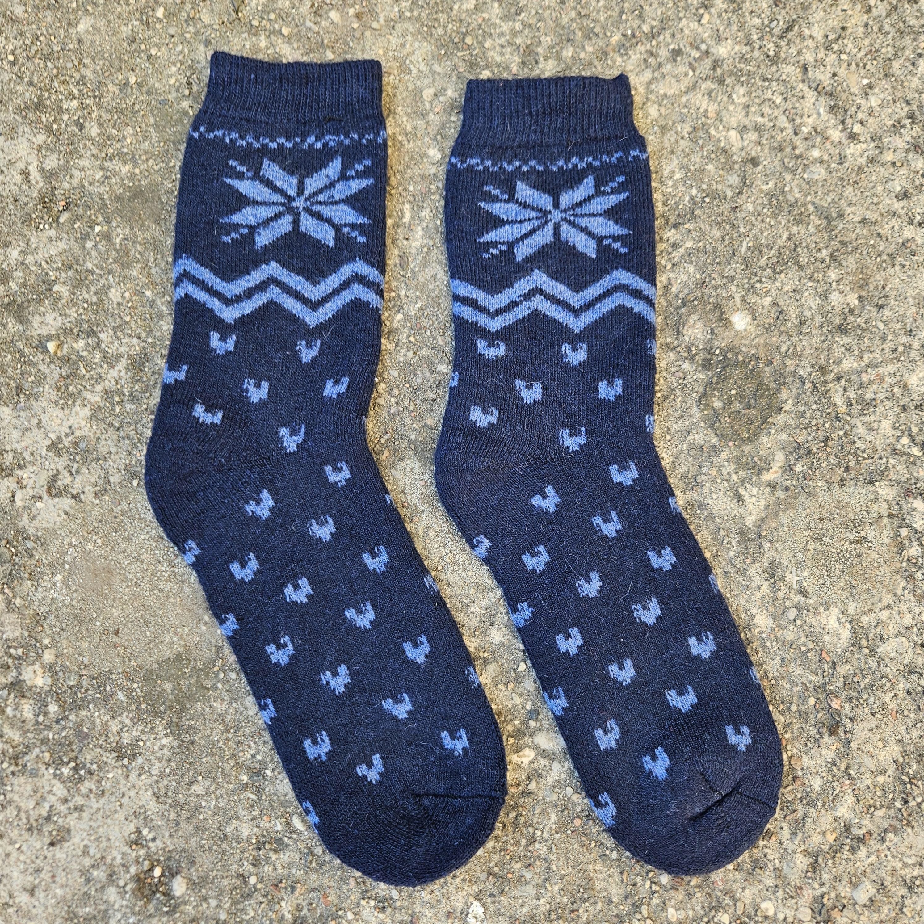 Thicker Merino Wool Socks – Nordic Warm Navy Blue Snowflake | Unisex Hiking & Everyday