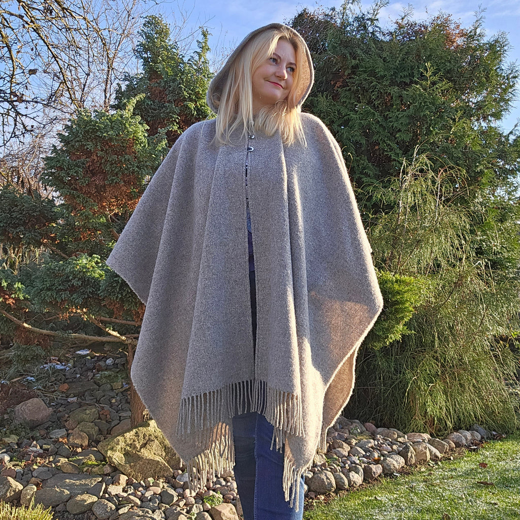 Wool Blanket Poncho – Unisex Grey Herringbone Hooded Cape with Fringes