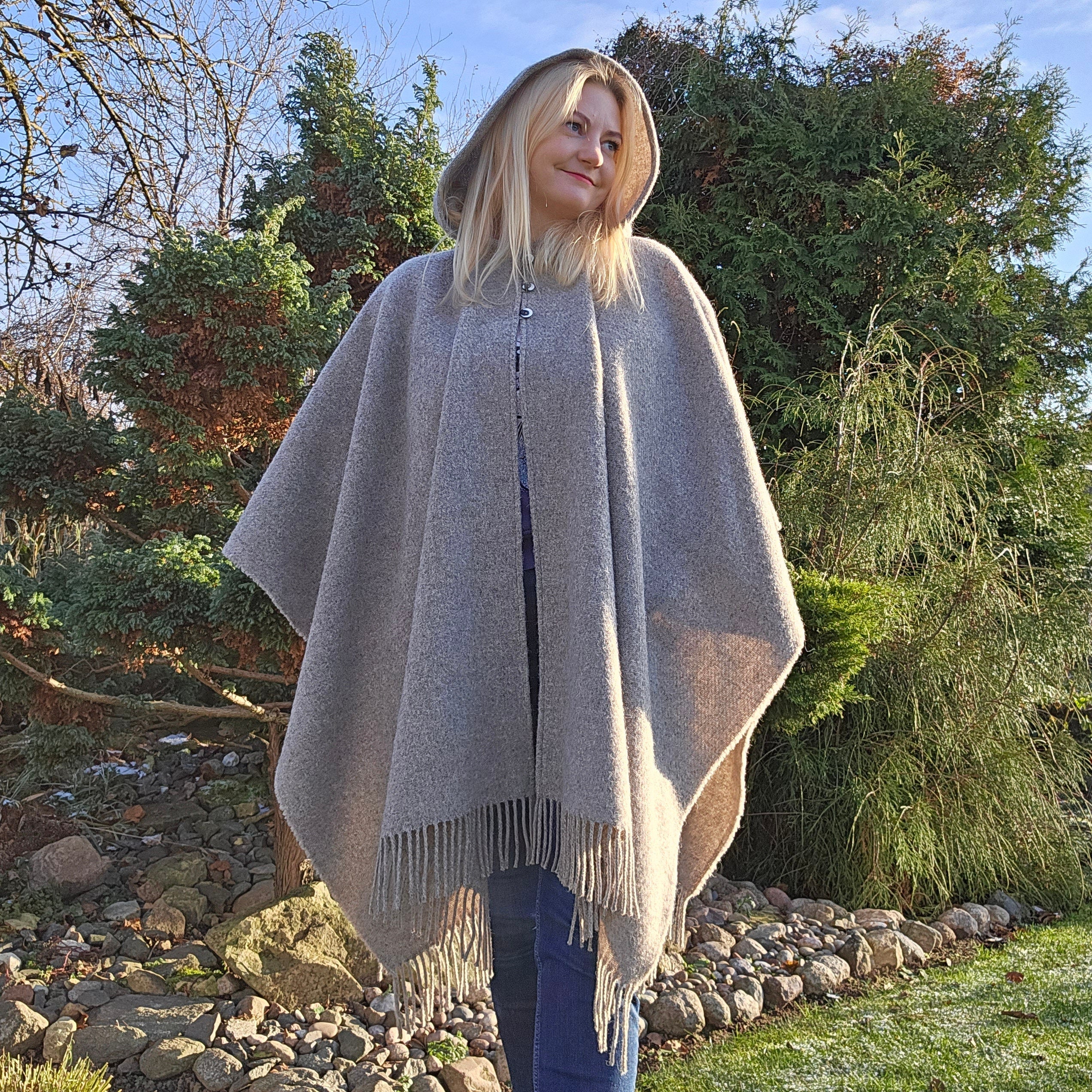 Wool Blanket Poncho – Unisex Grey Herringbone Hooded Cape with Fringes