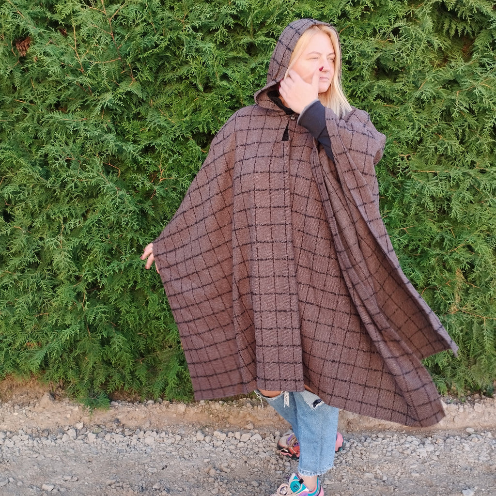 Wool Poncho - Unisex Ruana Cape | Brown Wool Blanket | Comfortable Outdoor Cloak