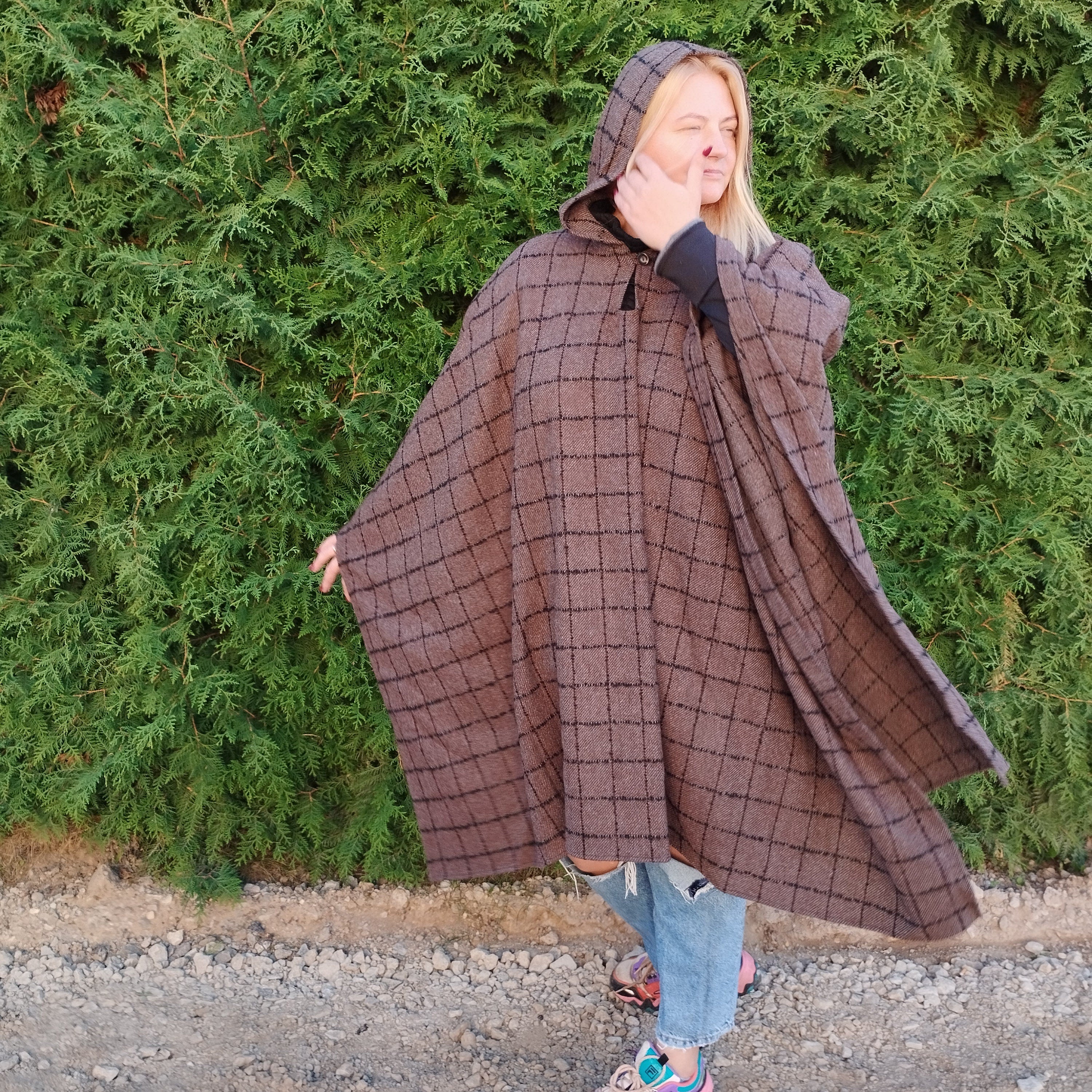 Wool Poncho - Unisex Ruana Cape | Brown Wool Blanket | Comfortable Outdoor Cloak
