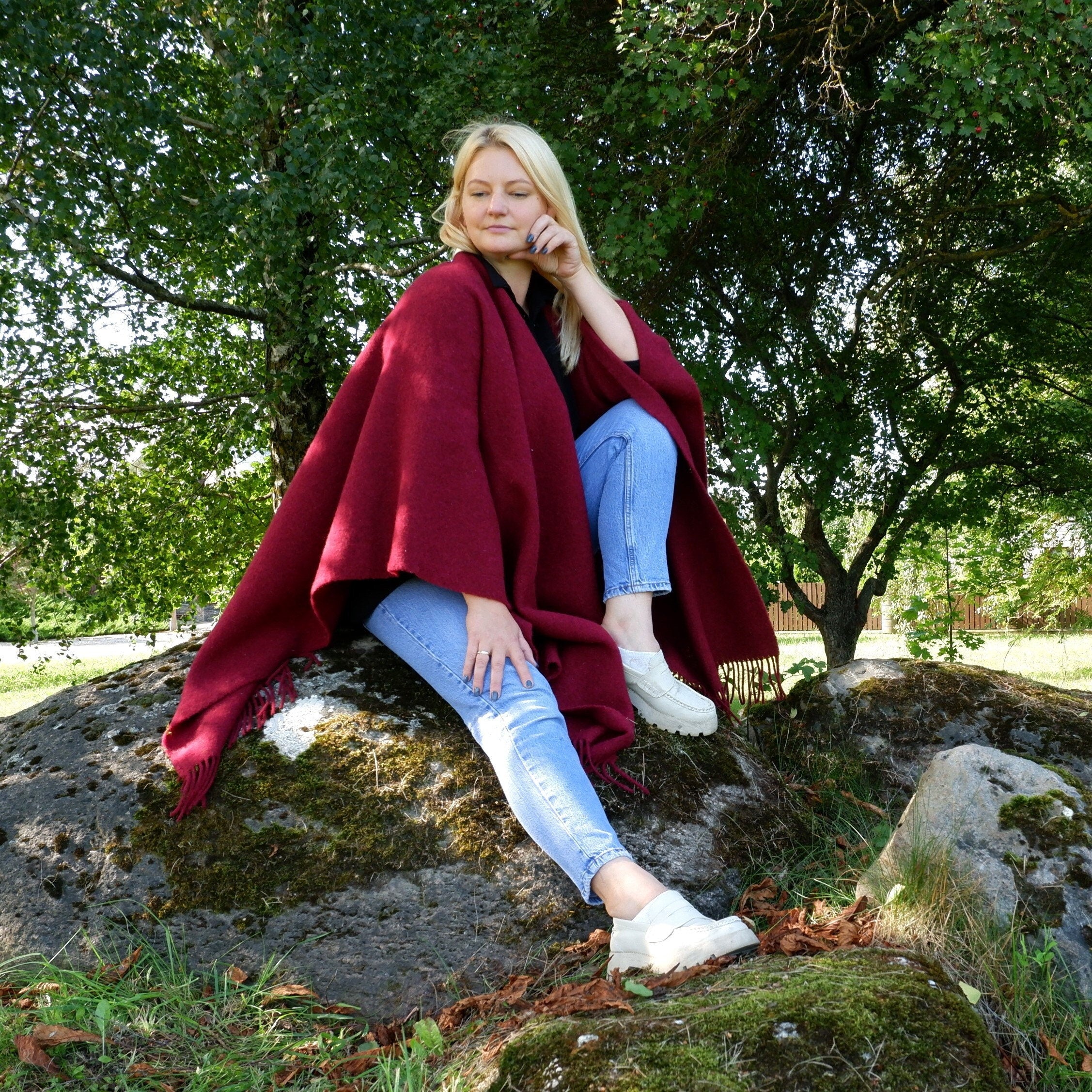 wool poncho cape red ruana