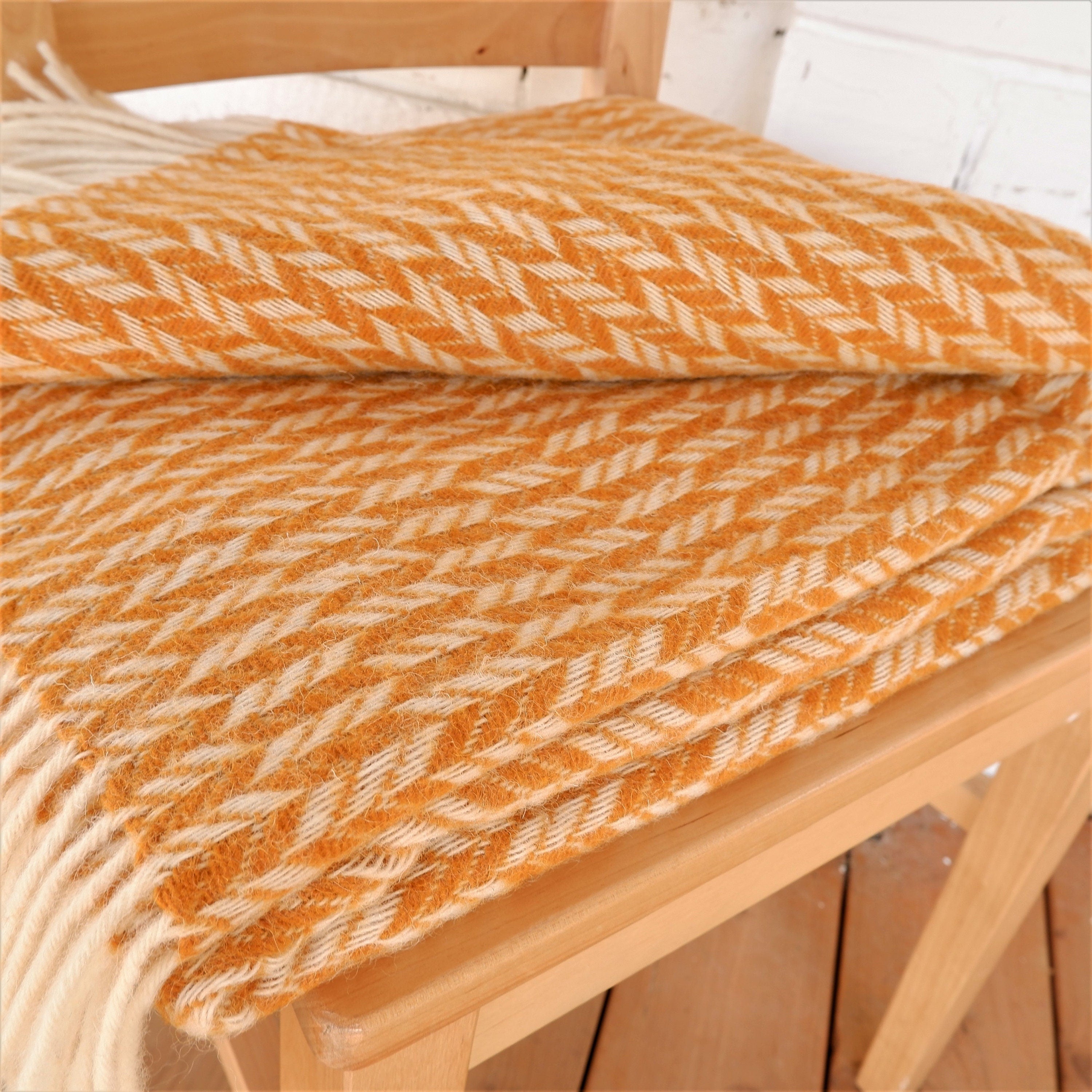 WOOL Blanket Hera in mustard yellow - Natural Throw plaid -  IN2NORD  - bed coverlet, quilt, wool cover