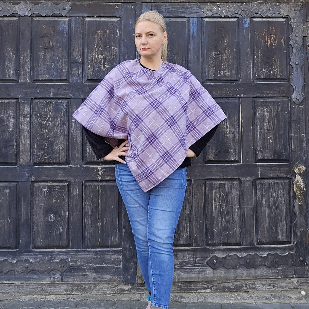 Wool Blanket Poncho - Purple Checked Hooded Wool Cape | Comfortable Outdoor Ruana