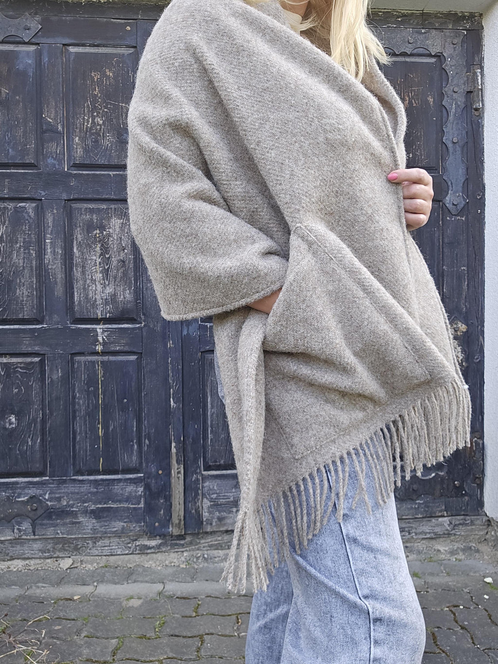 Wool Pocket Shawl – Classic Knitted Poncho Wrap with Fringe and Pockets for Men & Women