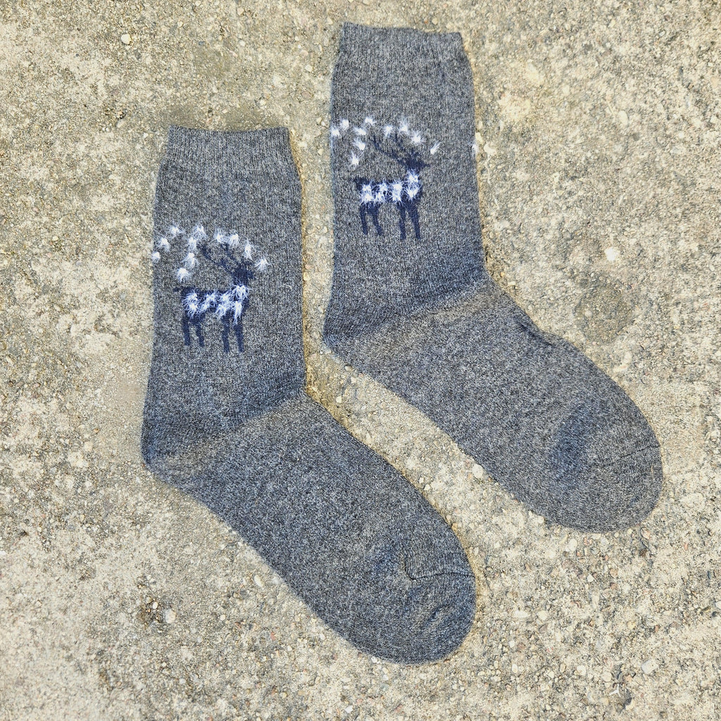 Thin Merino Wool Socks - Gray Reindeer Nordic Cozy Warm Hiking Socks Unisex