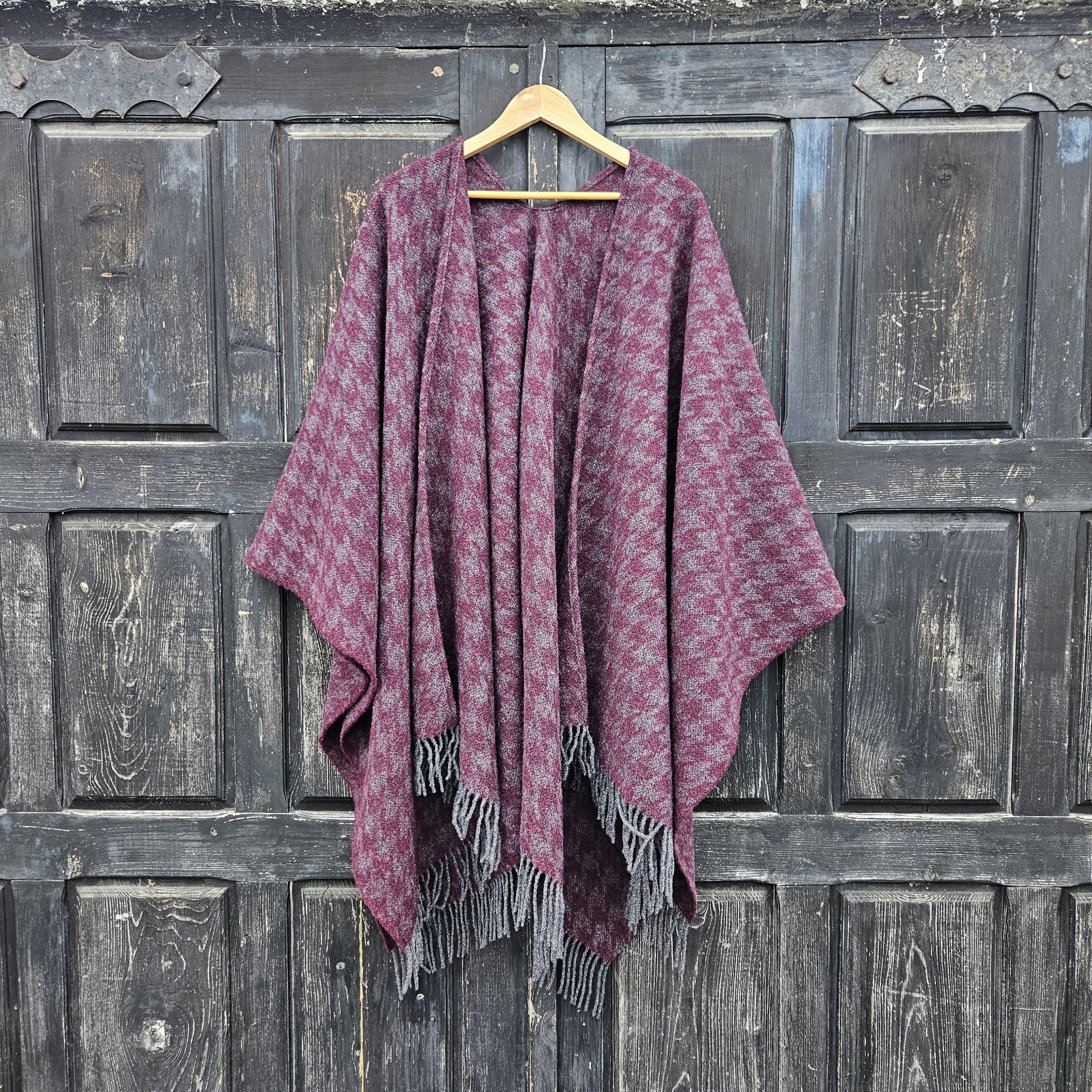 Wool Poncho Wrap Umea - Purple Wool Cape With Fringe Edge, One Size Shawl Wrap