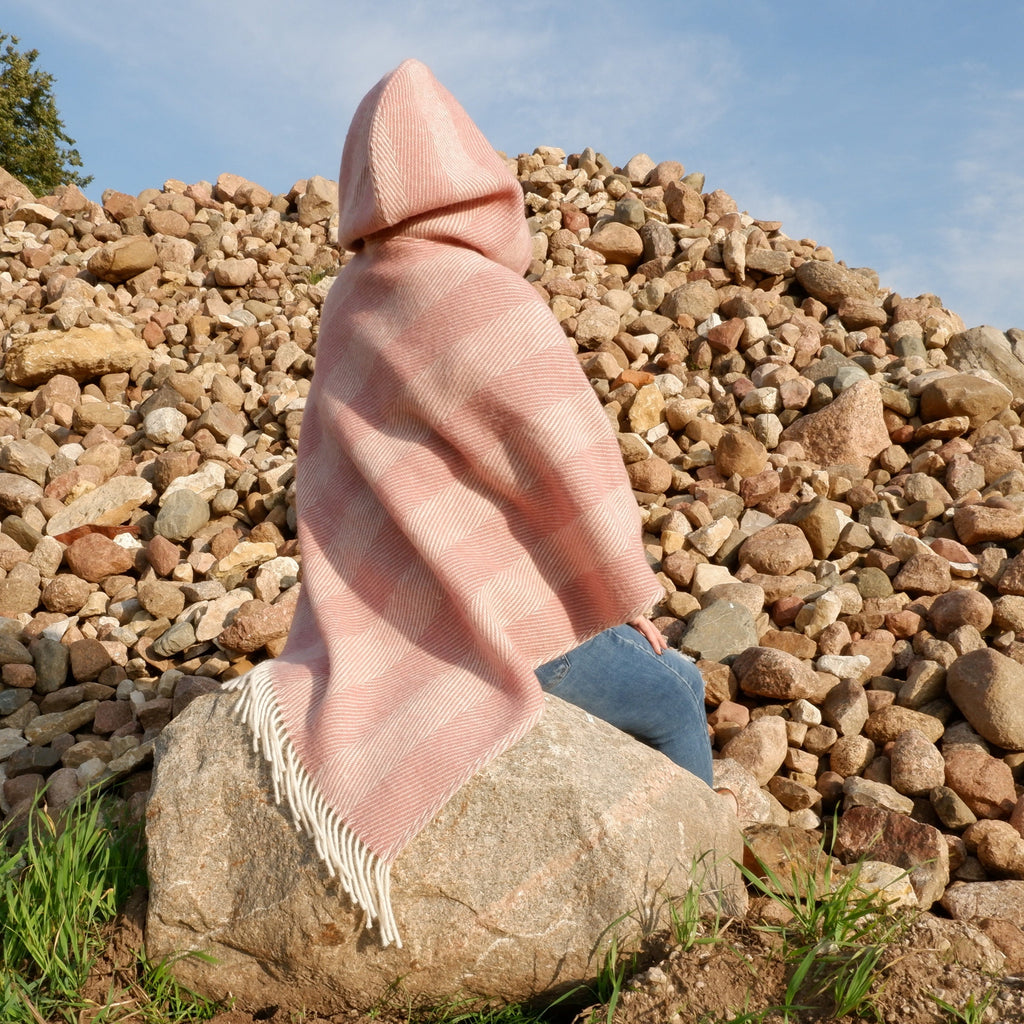 Pink Wool Poncho - Hooded Wool Cape Blanket With Fringes | Cozy Outdoor Layering