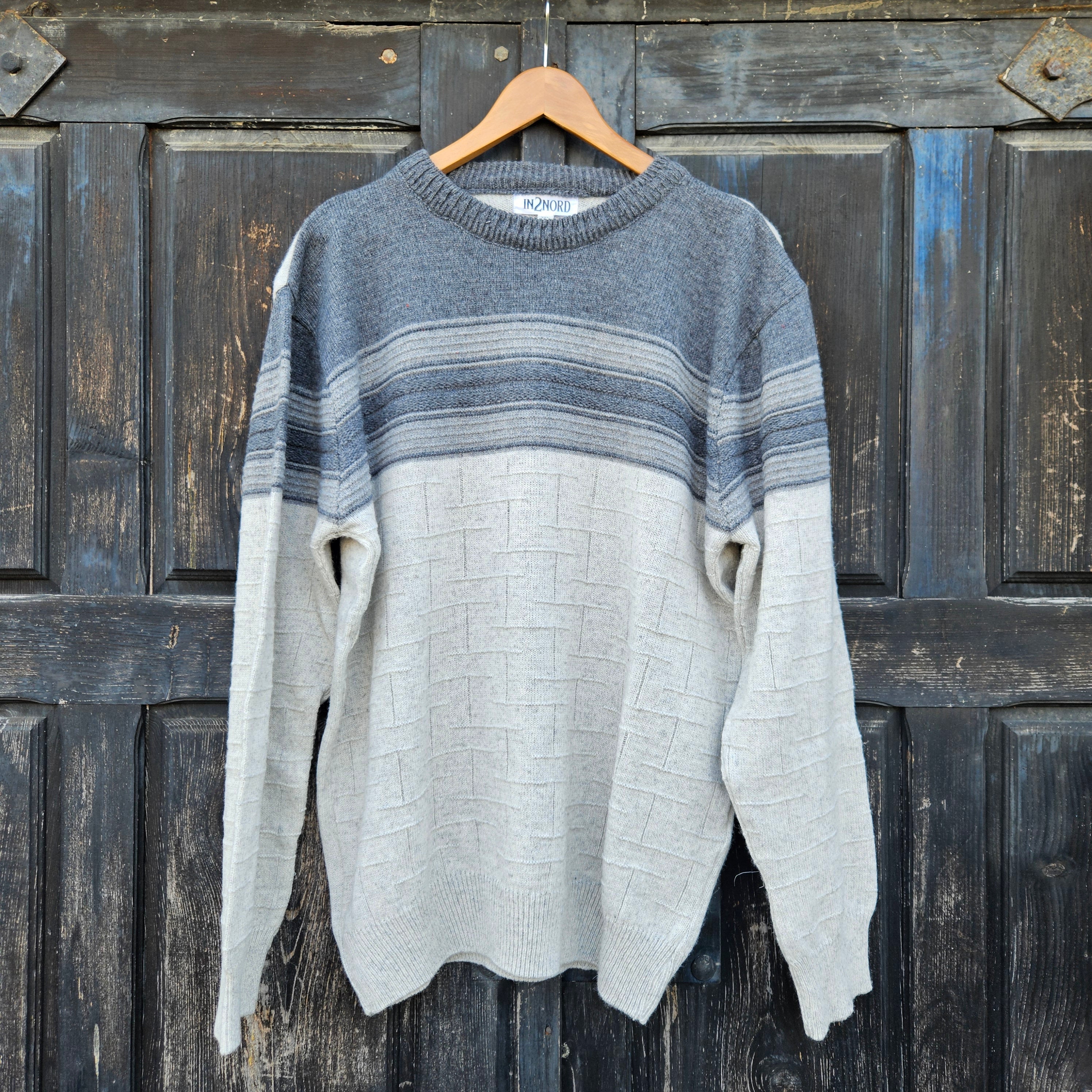 grey beige cable knit sweater for men in wool