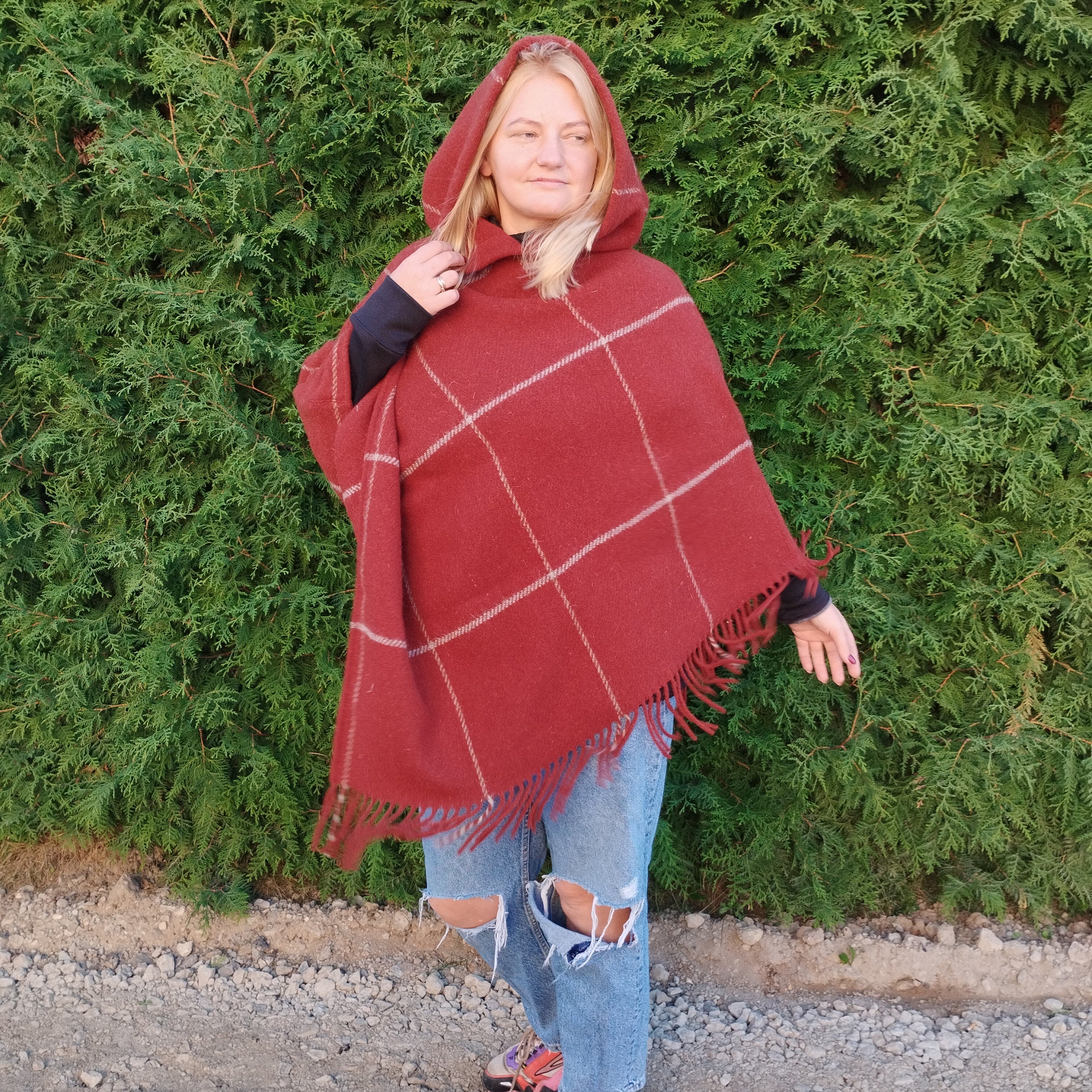 Red Wool Poncho - Hooded Wool Ruana Cape With Fringes | Cozy Outdoor Wrap