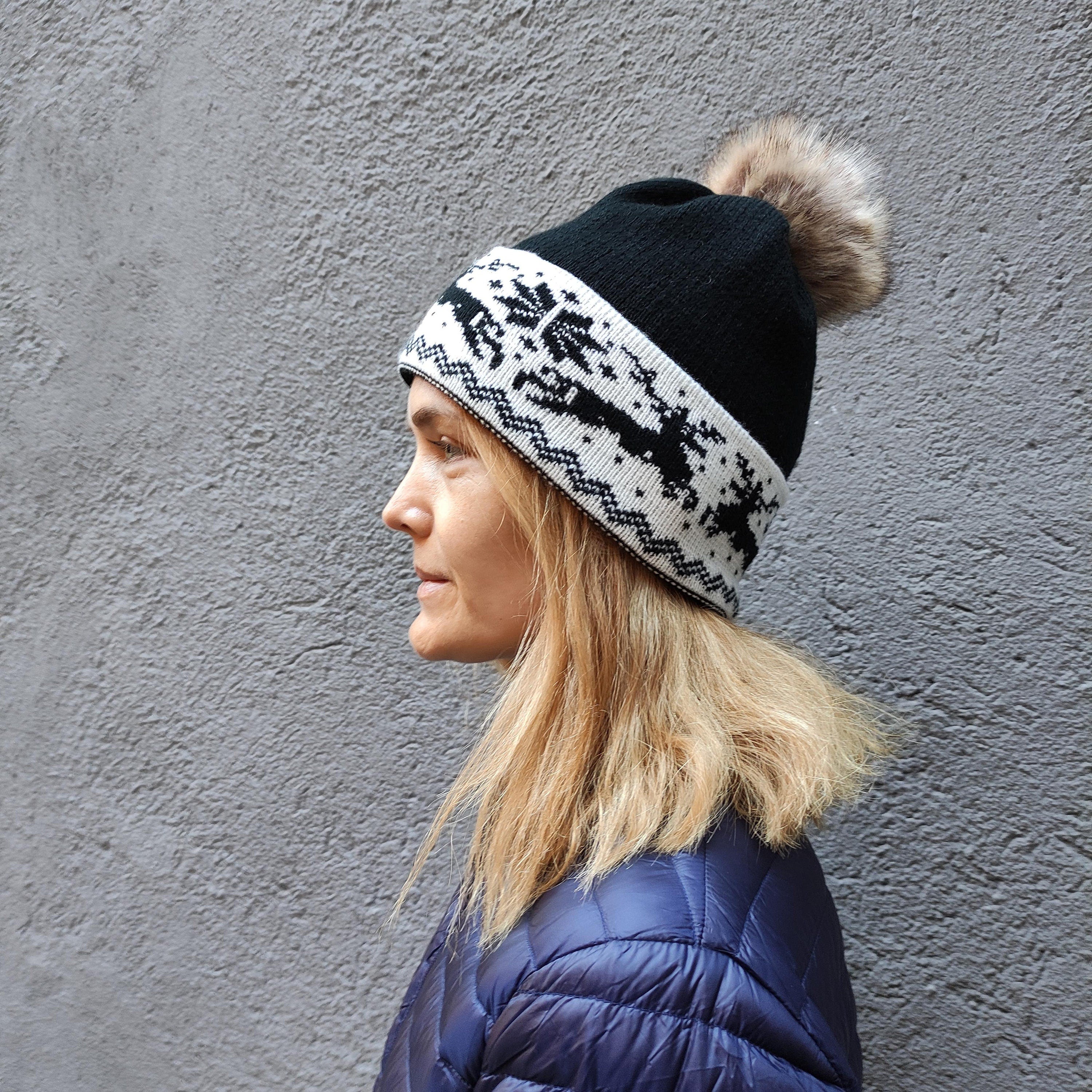 Merino Wool Knitted Beanie for Women or Men, black Wool Cap with pompom and reindeer, hand knit warm beanie, Woolen womens head accessories