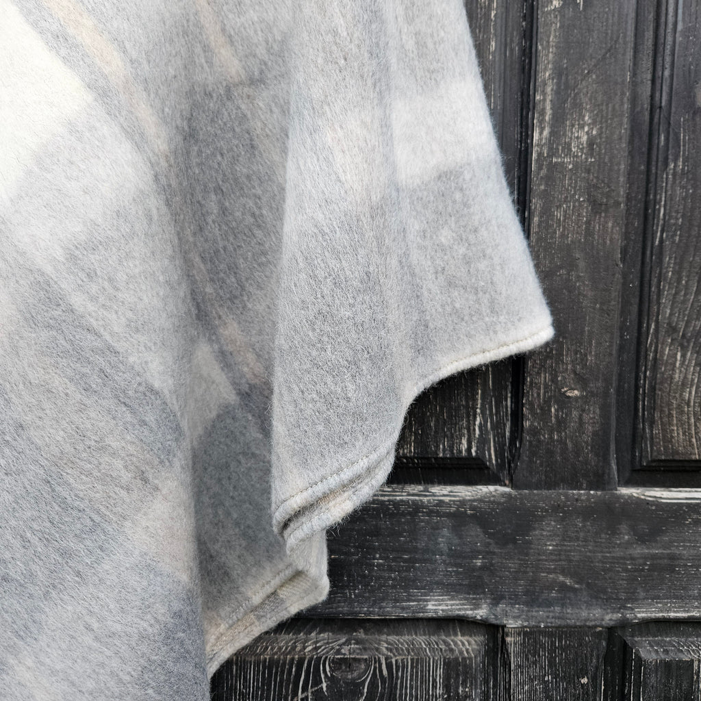 Grey Plaid WOOL Poncho with Hood: Gingham Cape Ruana