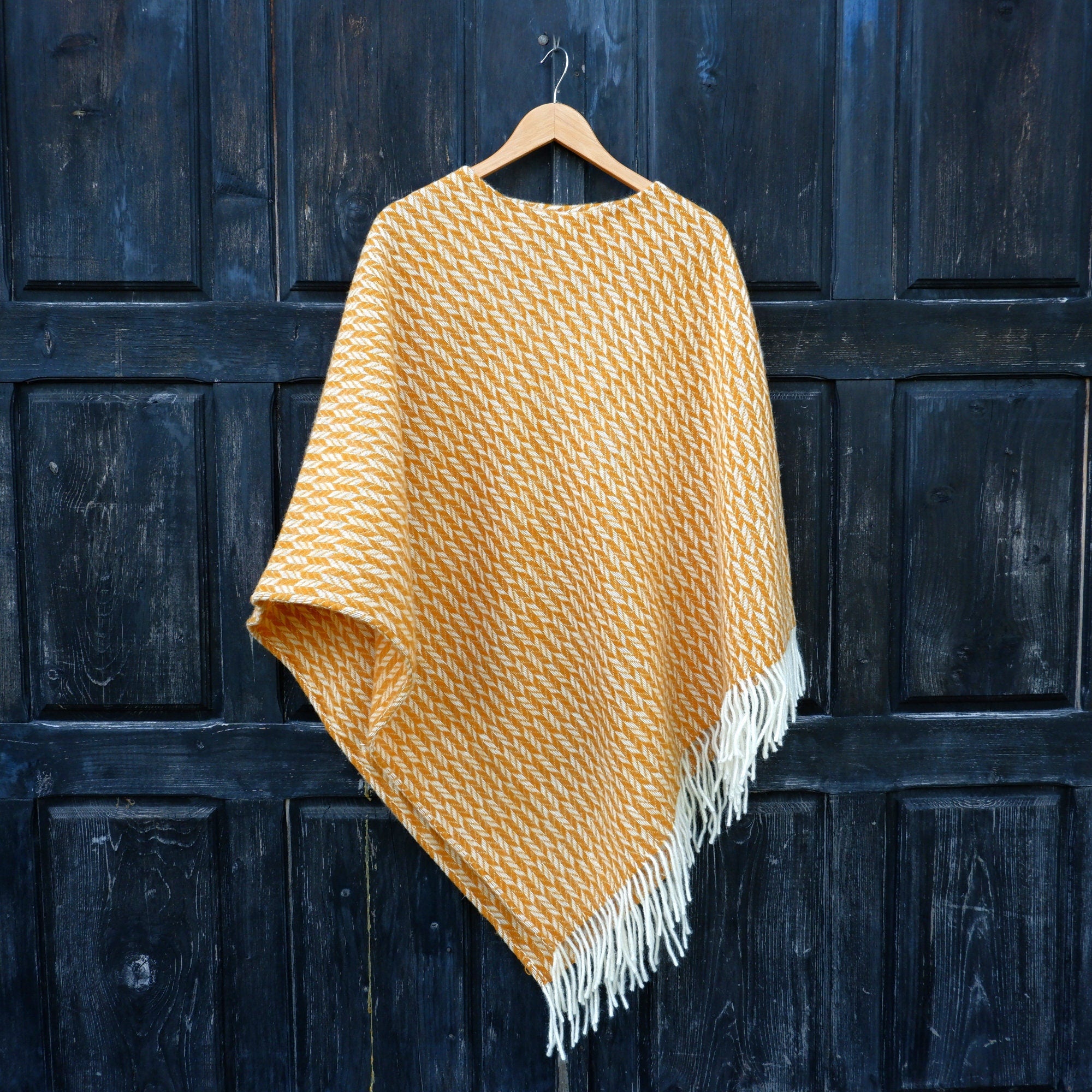 Yellow Wool Poncho – Hooded Wool Blanket Cape with Fringes for Outdoor Comfort