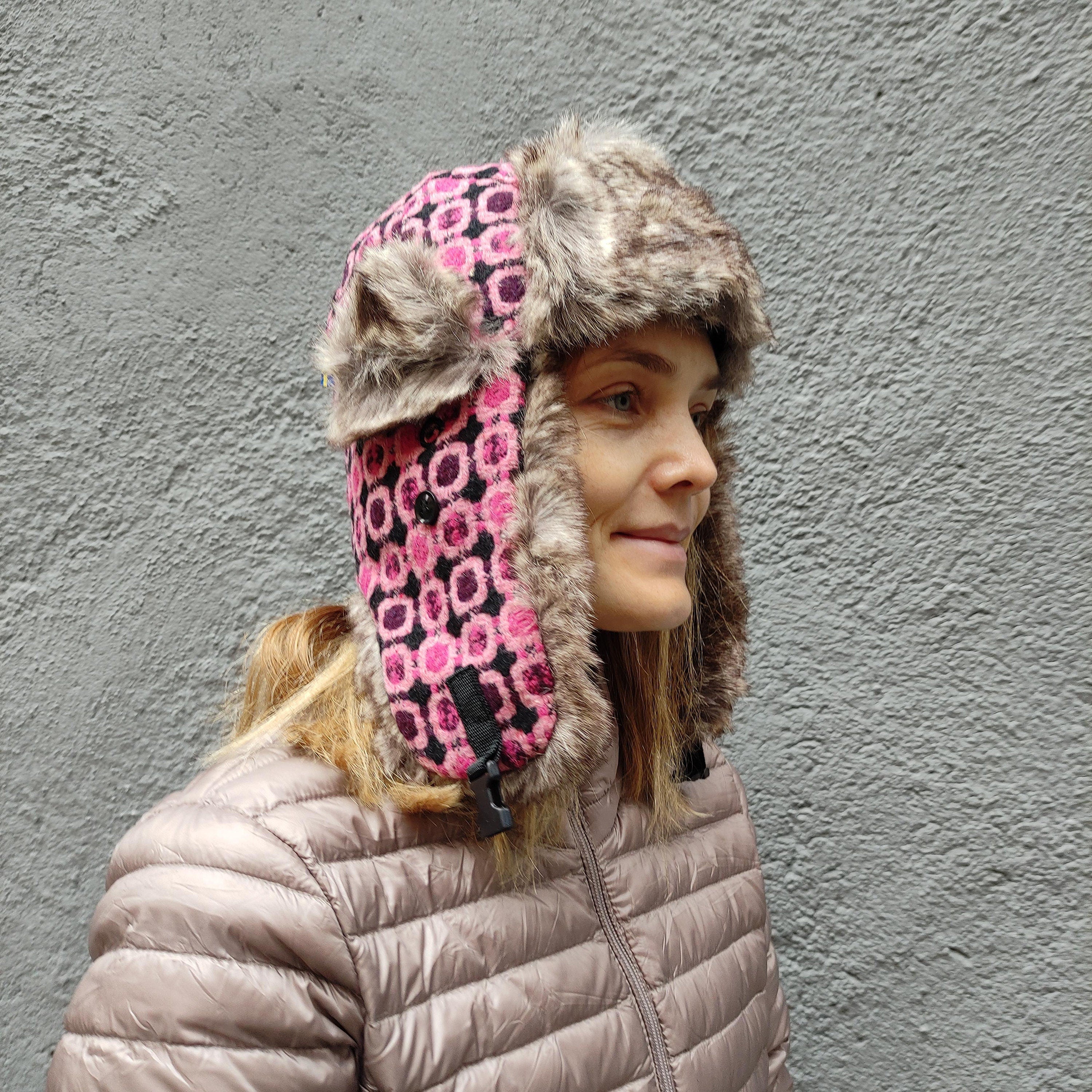 Aviator Wool Hat – Colorful Winter Trapper Hat with Faux Fur Lining & Snap Strap