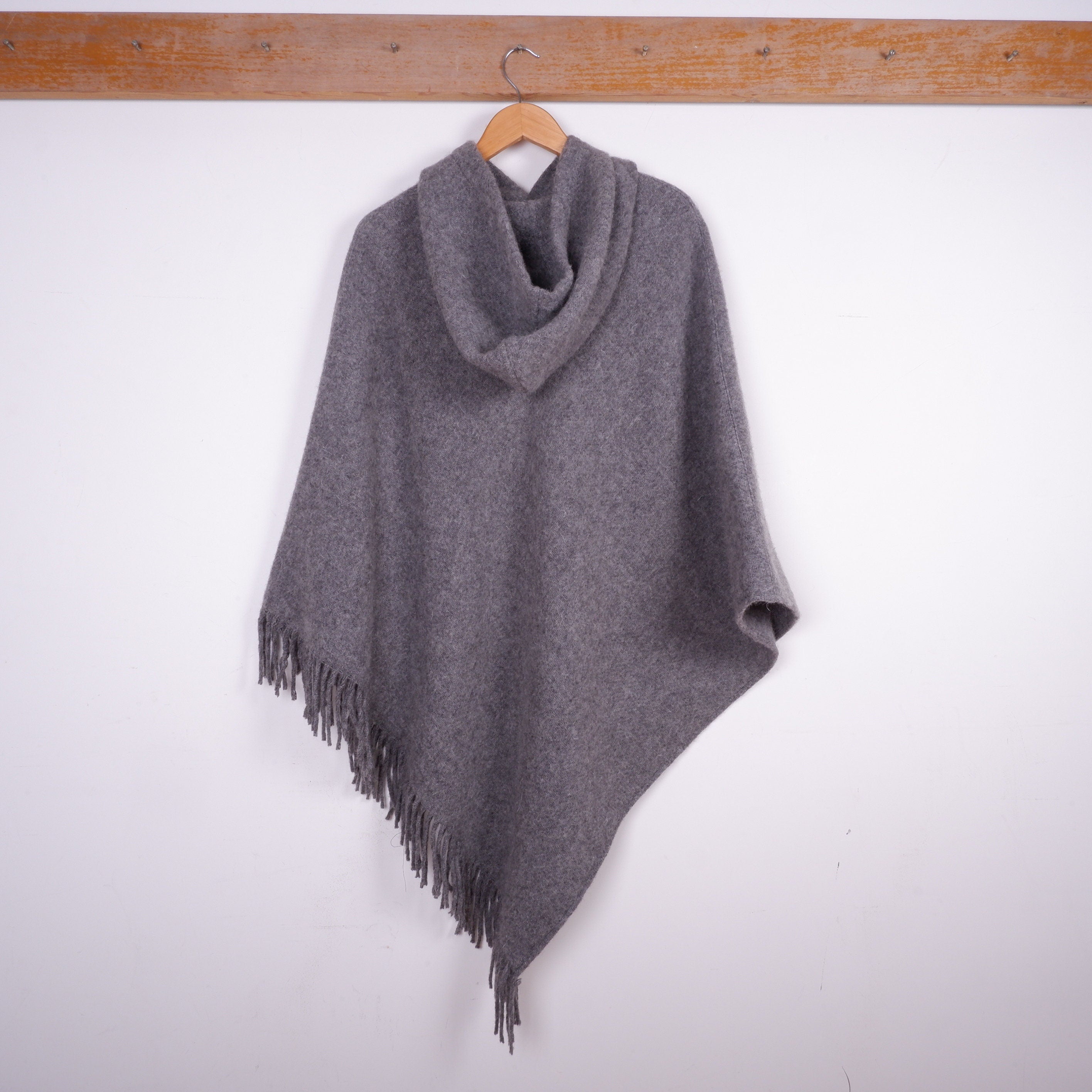 100% Wool Blanket Poncho with Hood Kiruna : Blue Fringed Cape